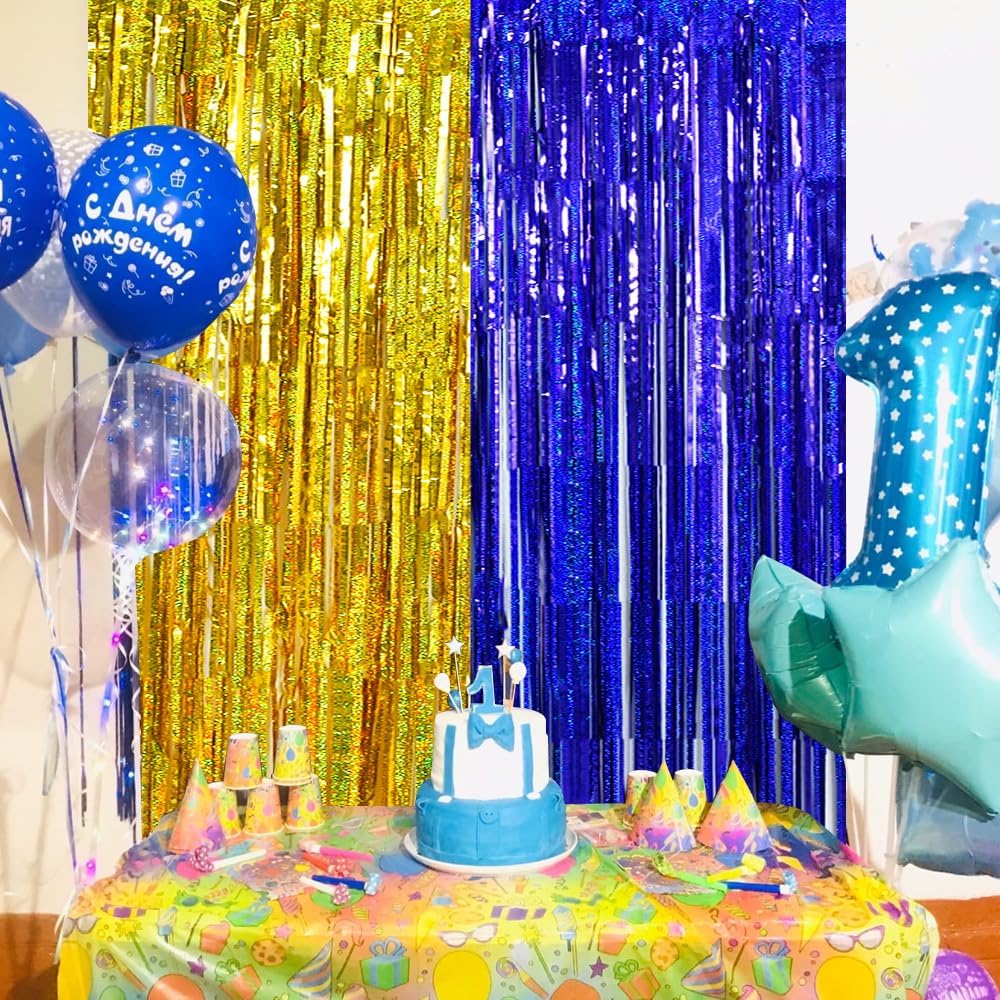 BEISHIDA 4 Pcs Blue and Gold Party Streamers Fringe Foil Curtain Backdrop Tinsel Background Party