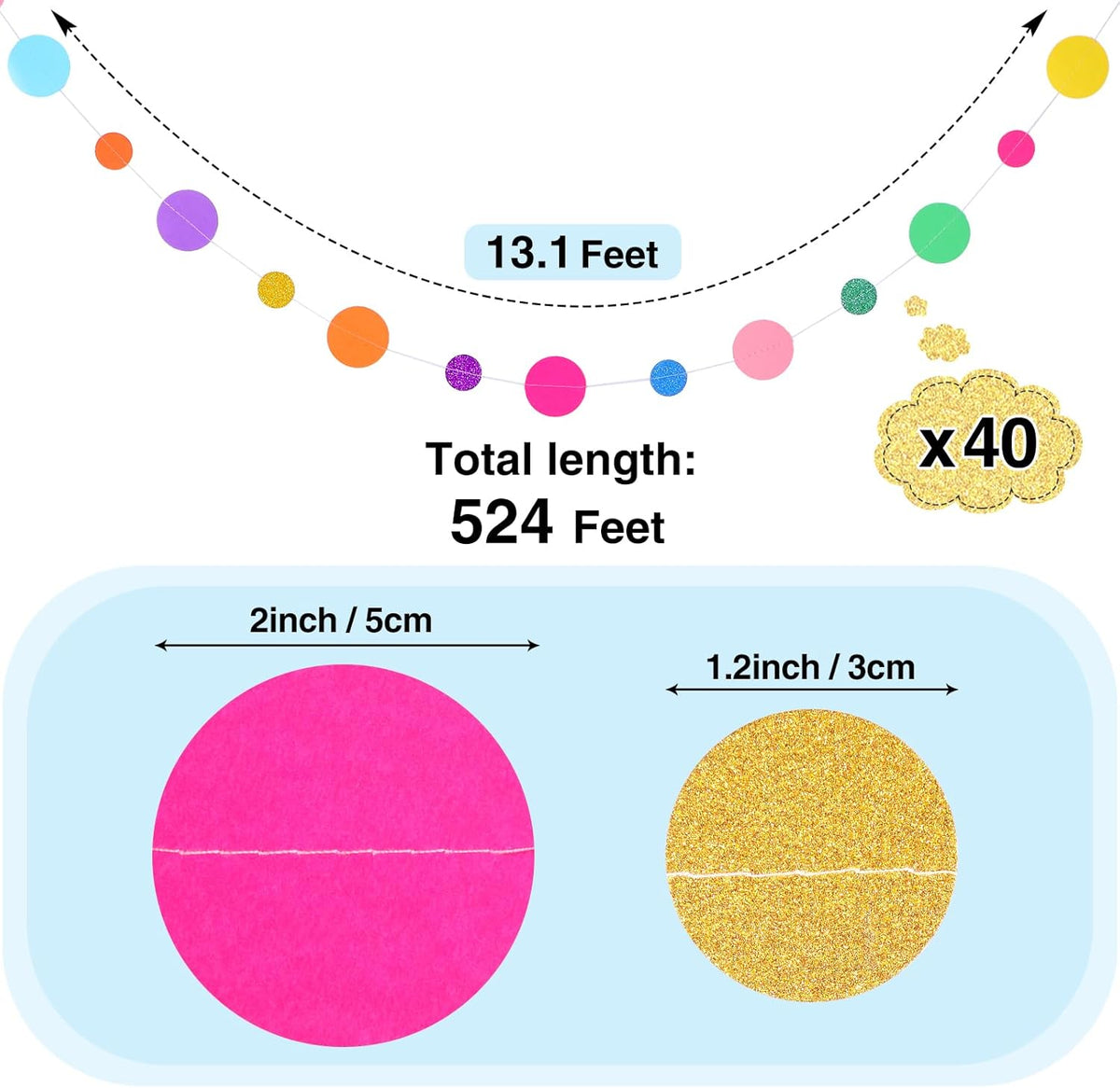 Outus 40 Pieces Colorful Dots Paper Garland Round Glitter Garland Hanging Confetti Streamers