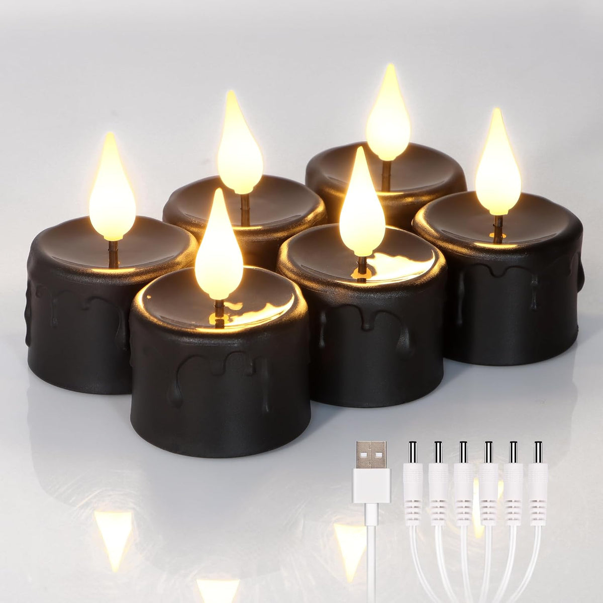 FREEPOWER Black Tea Lights Candles (NO Remote),Rechargeable Flameless Candles with 6 Hour Timer,LED