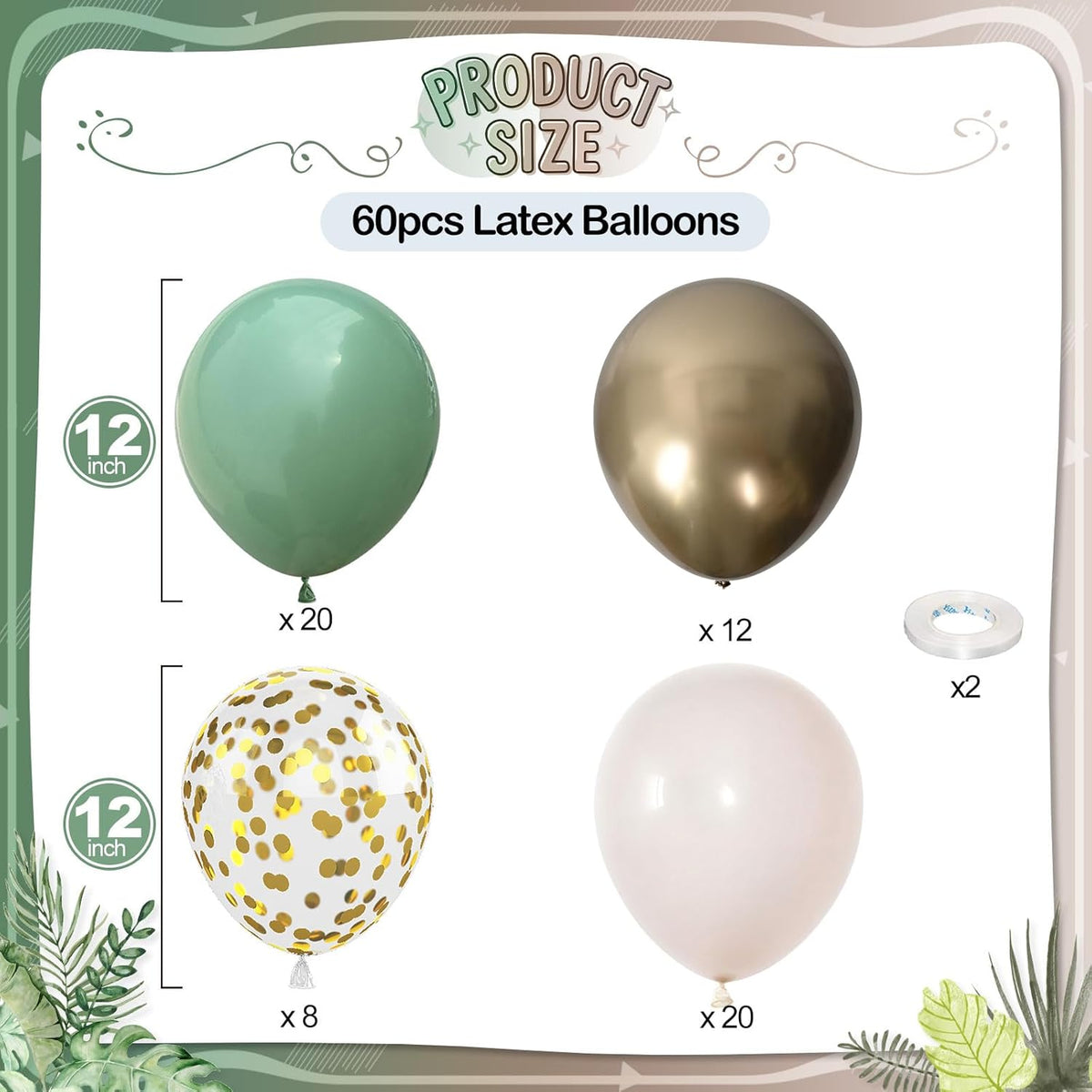 Sage Green Gold Balloons, 60 Pcs 12 Inch Olive Green White Balloons with Metallic Gold Confetti