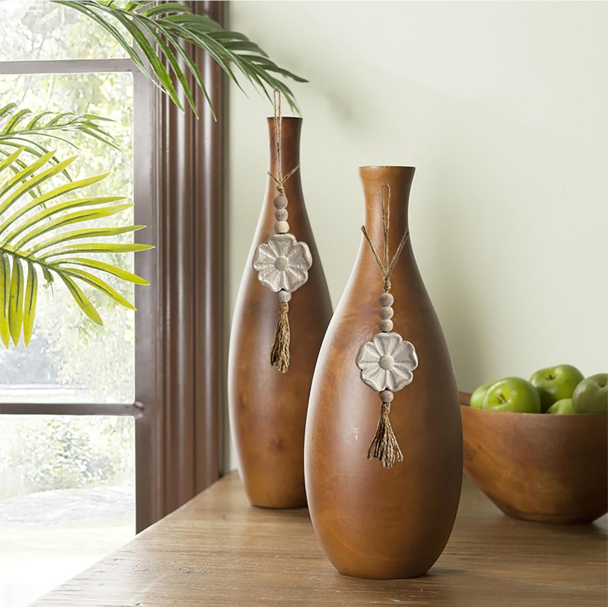 2pcs Carved Floral Tassels with Farmhouse Wood Beads - Multi-Functional Wall Decor Tray Home