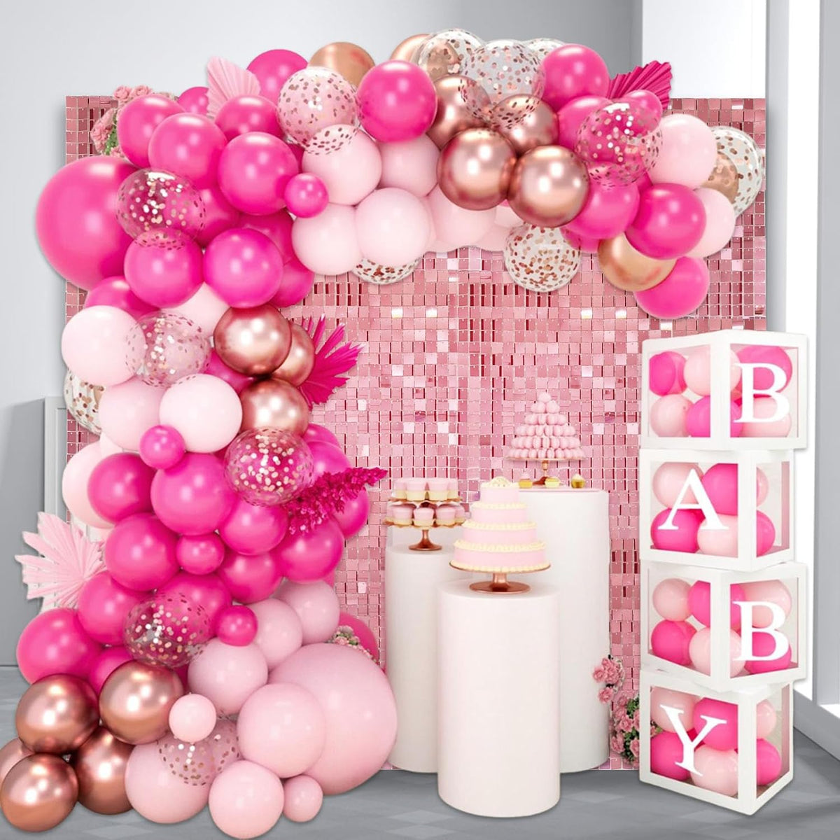 12PCS Rose Gold Shimmer Wall Backdrop, Square Sequin Photo Backdrops Panel, Glitter Wall Background