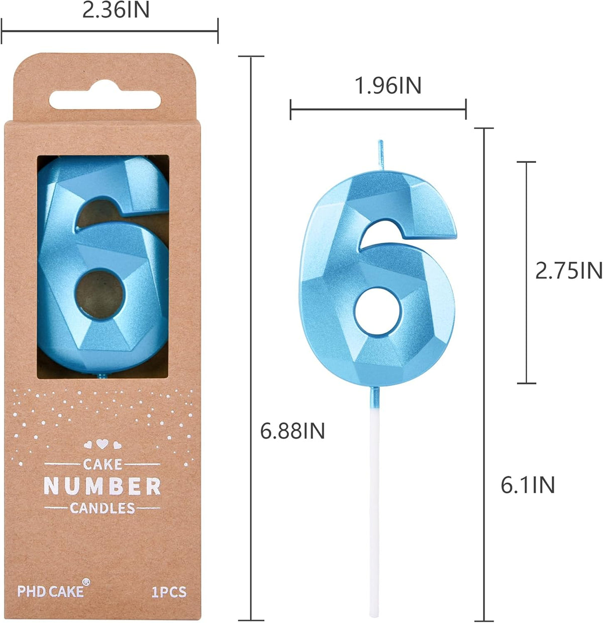 PHD CAKE 2.76 Inch Crystal Blue 6 Number Birthday Candles, Blue Number Candles, Cake Number