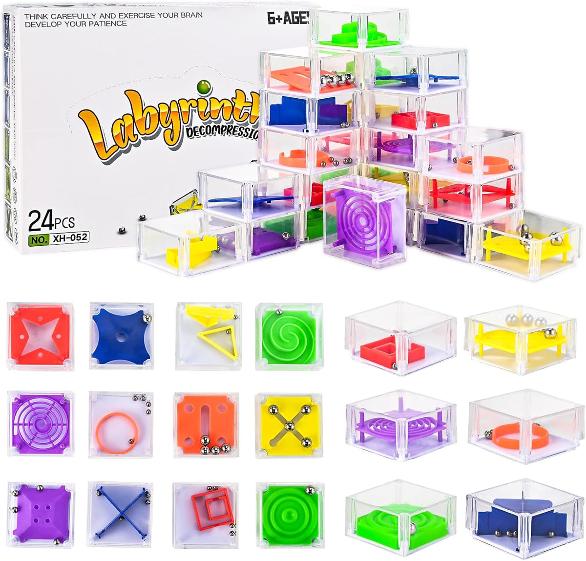 GOLDGE 24 Pcs Balance IQ Maze Game Toy Set - Mini 3D Brain Maze Puzzle Cubes in a Box. Fun Party