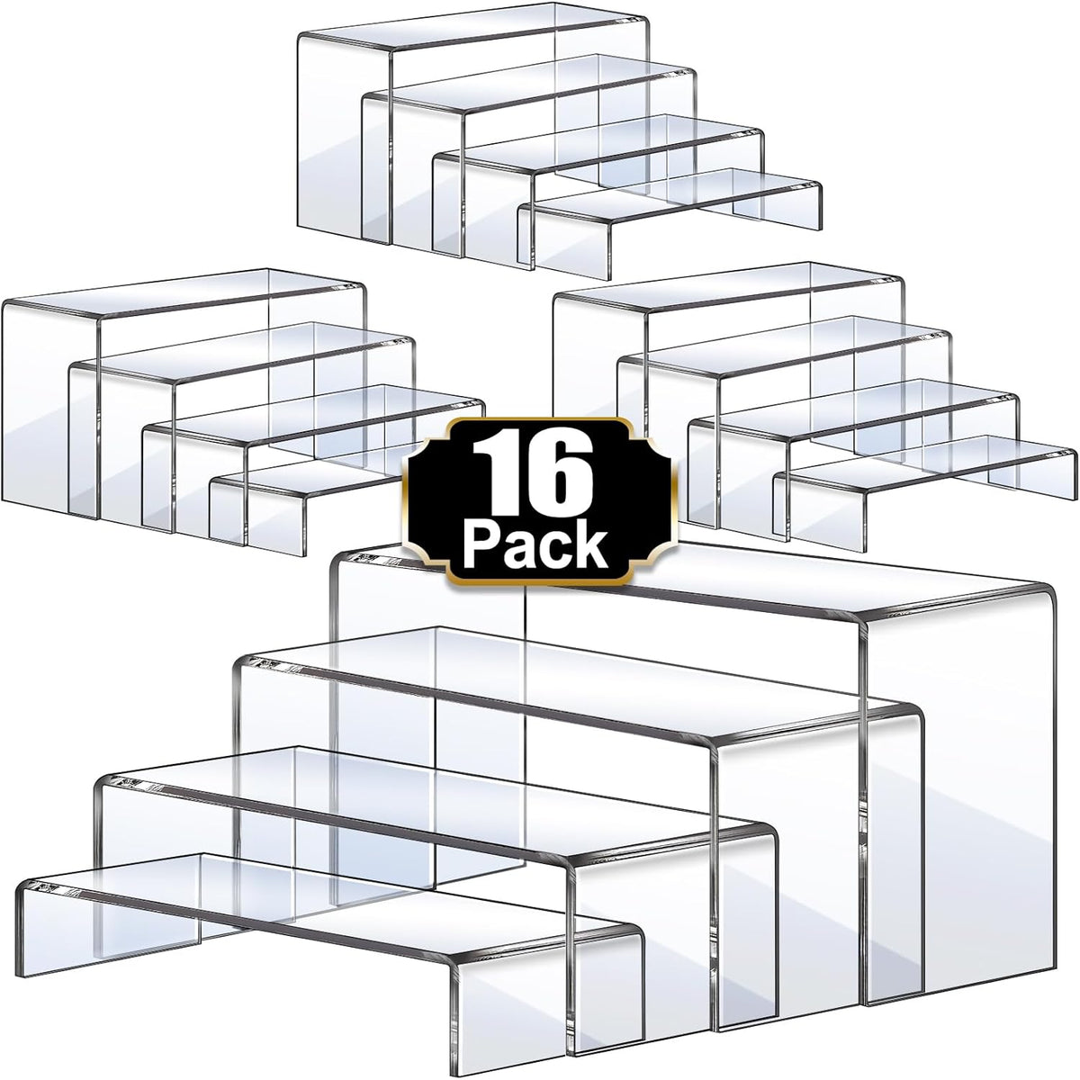 Aheroi Display Risers, 16 Pcs 4 Set(7”L~8”L~9”L) Acrylic Riser Display Shelf, Clear Risers Display