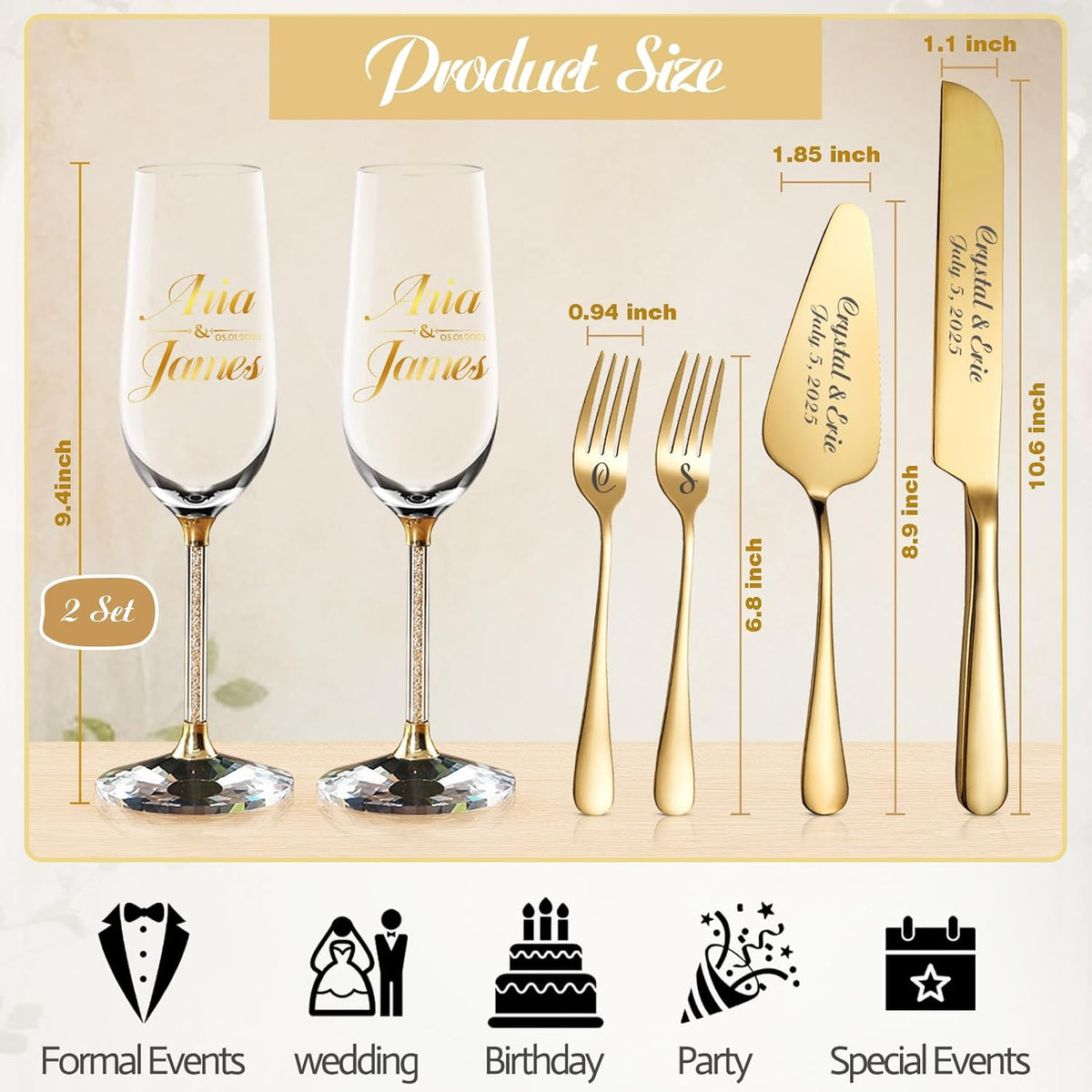 HJX Personalized Wedding Cake Knife and Server Set with Champagne Flutes, Custom Name Text Toasting