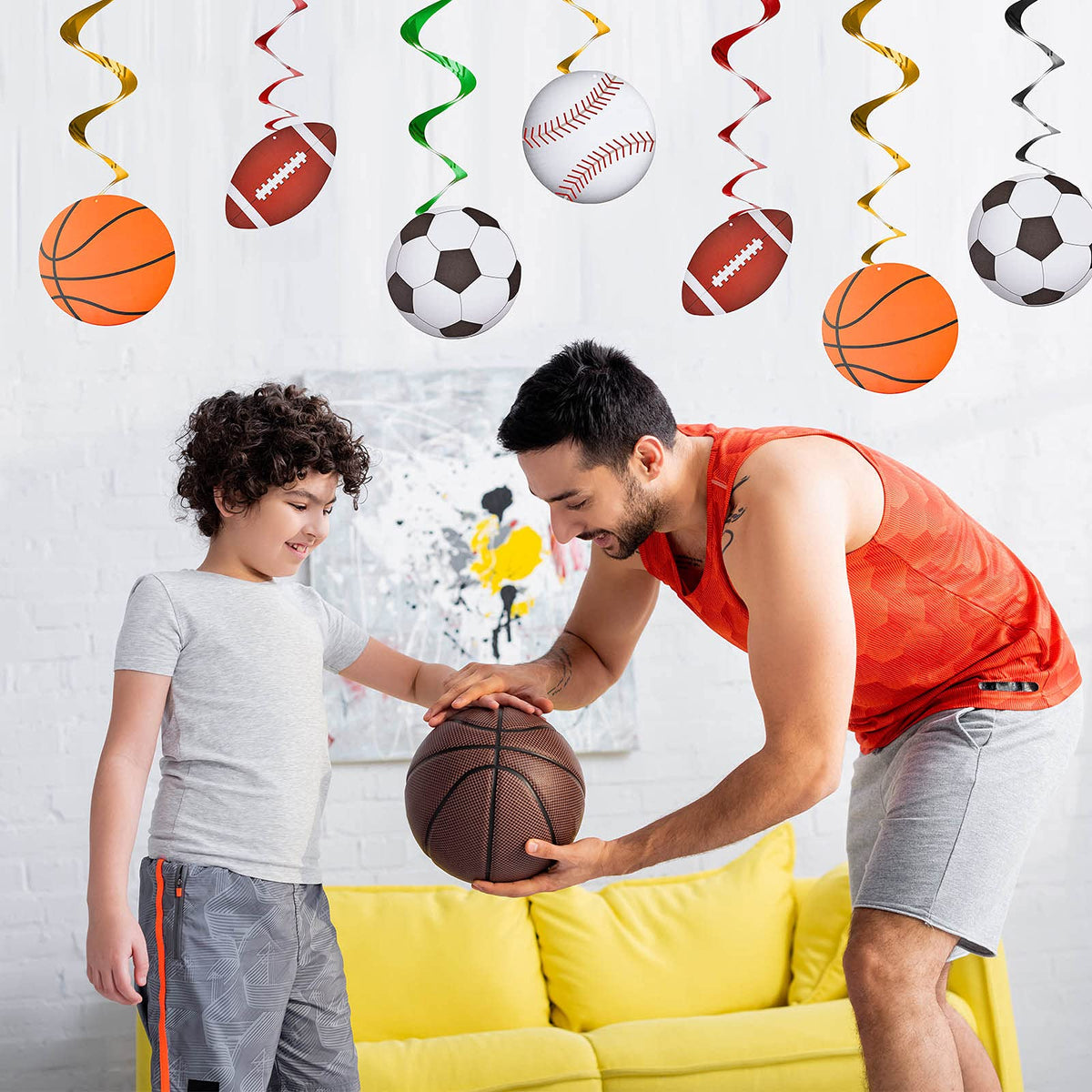 48 Pieces Sports Hanging Swirl Decorations Baseball Basketball Football Soccer Hanging Whirls
