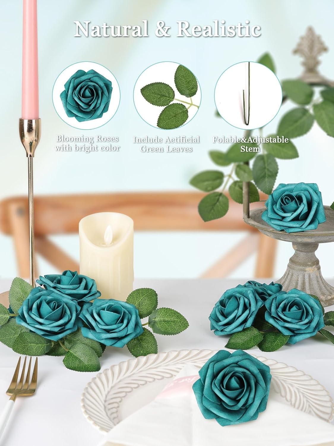 N&T NIETING Artificial Flowers Foam Roses 25 pcs Peacock Green Fake Roses w/Stem for DIY Home Decor