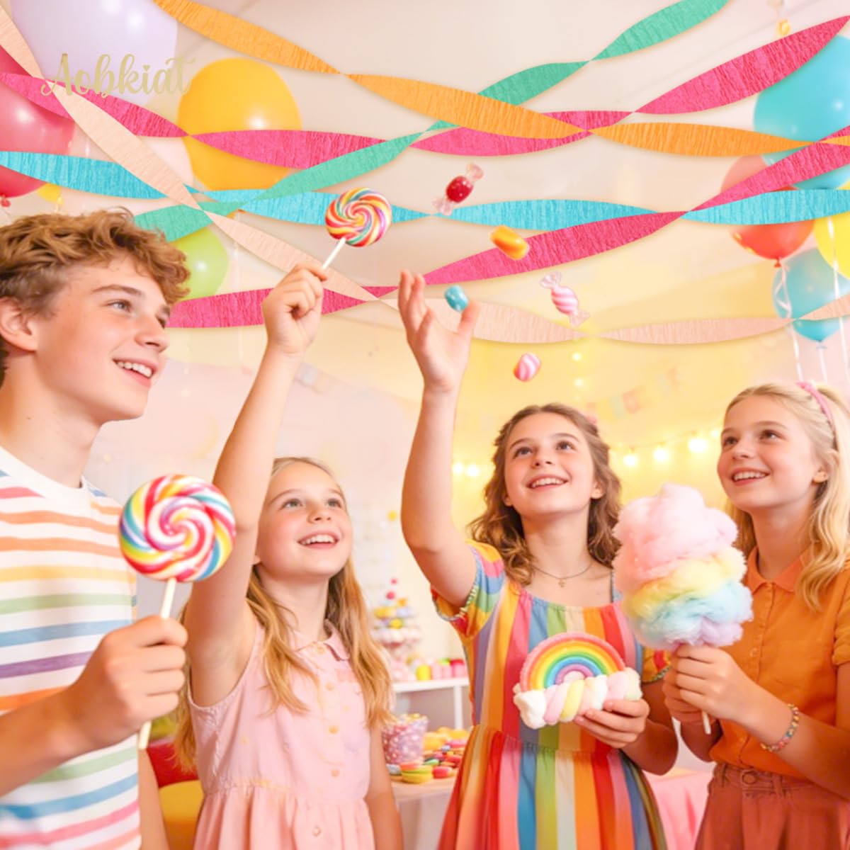 AOBKIAT 5 Rolls Rainbow Streamers Crepe Paper,Candyland Party Decorations