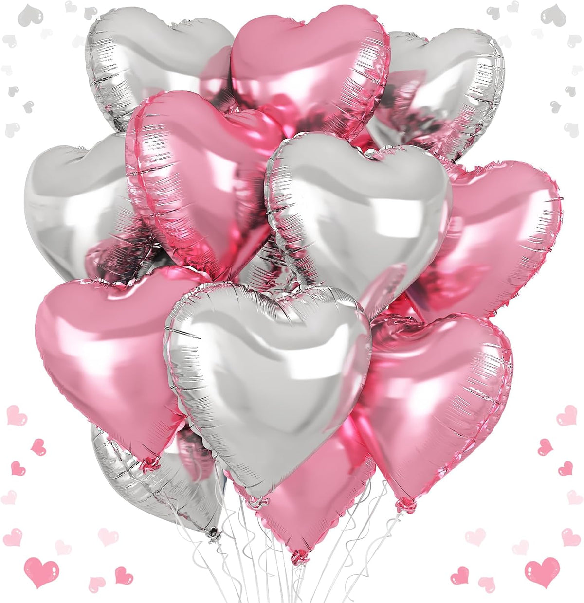 Pink Silver Heart Balloons, 18 Inch Pearl Pink and Silver Heart Shape Balloons, 12PCS Helium Love