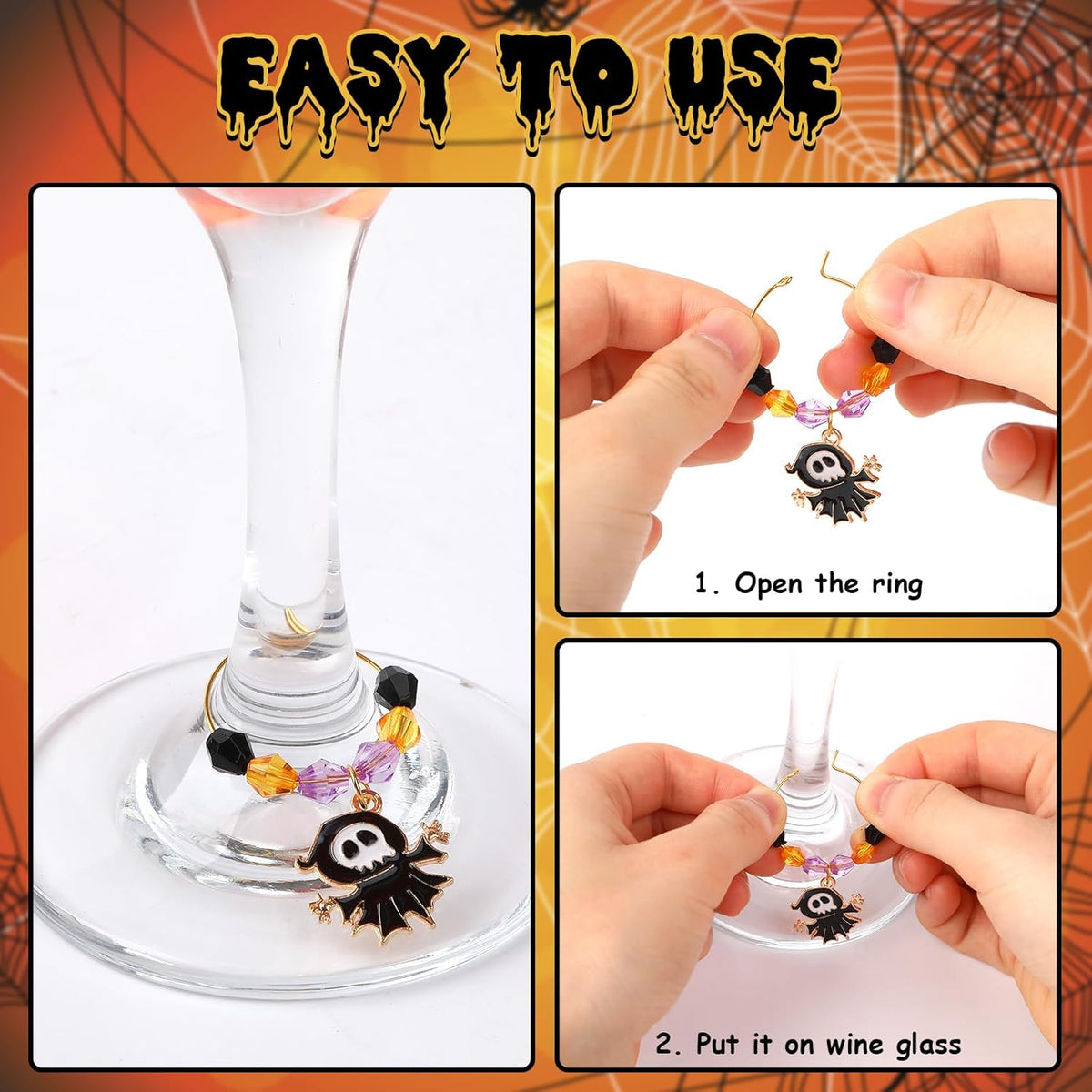 SANNIX 24Pcs Halloween Wine Charms, Wine Charms for Stem Glasses, Glass Identifiers for Halloween