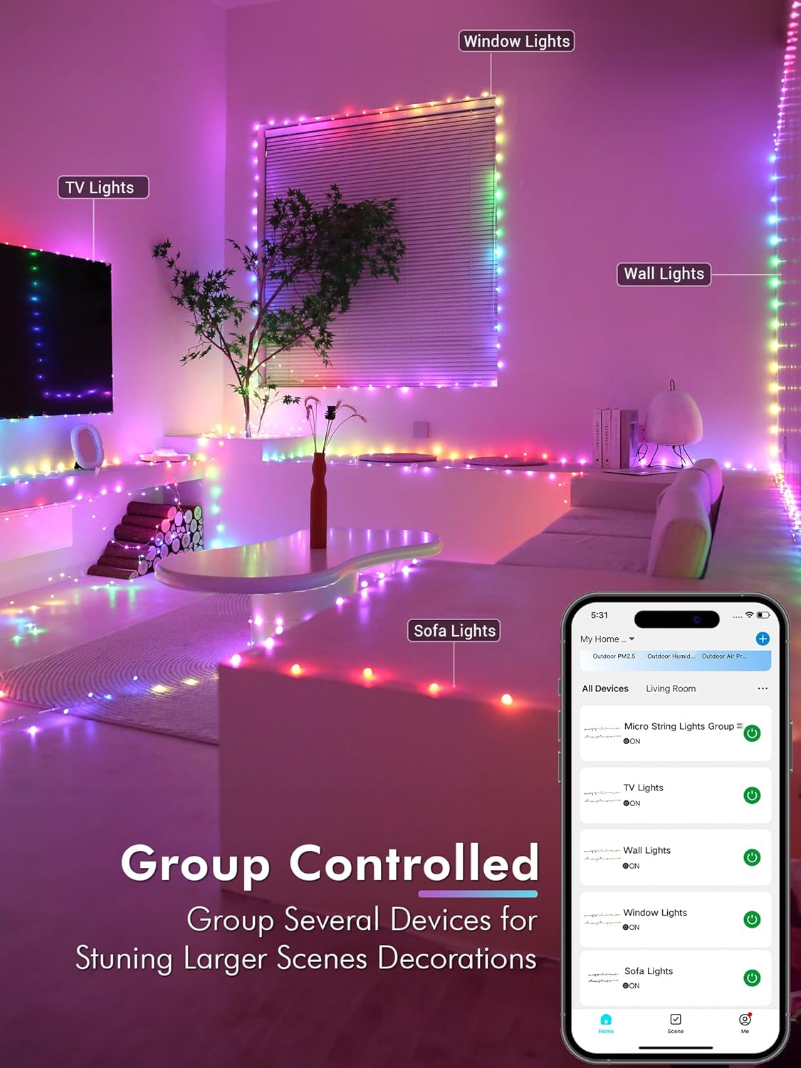 BrizLabs Smart Fairy String Lights, 66ft 200 LED WiFi RGB Christmas Fairy Lights App Control