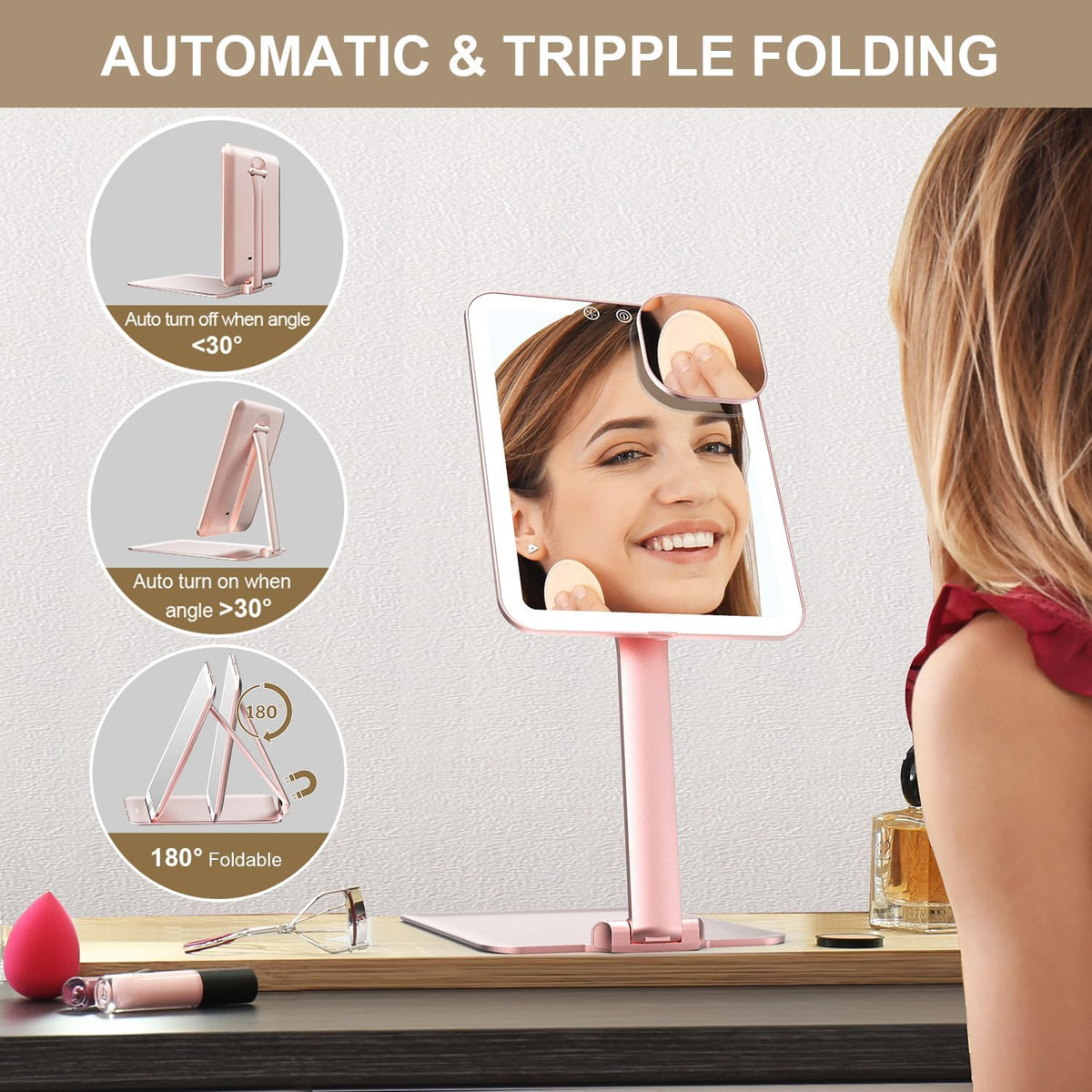 Mocado Travel Makeup Mirror with Light, Tripple Folding Vanity Mirror with Lights, 3 Colors Lighted