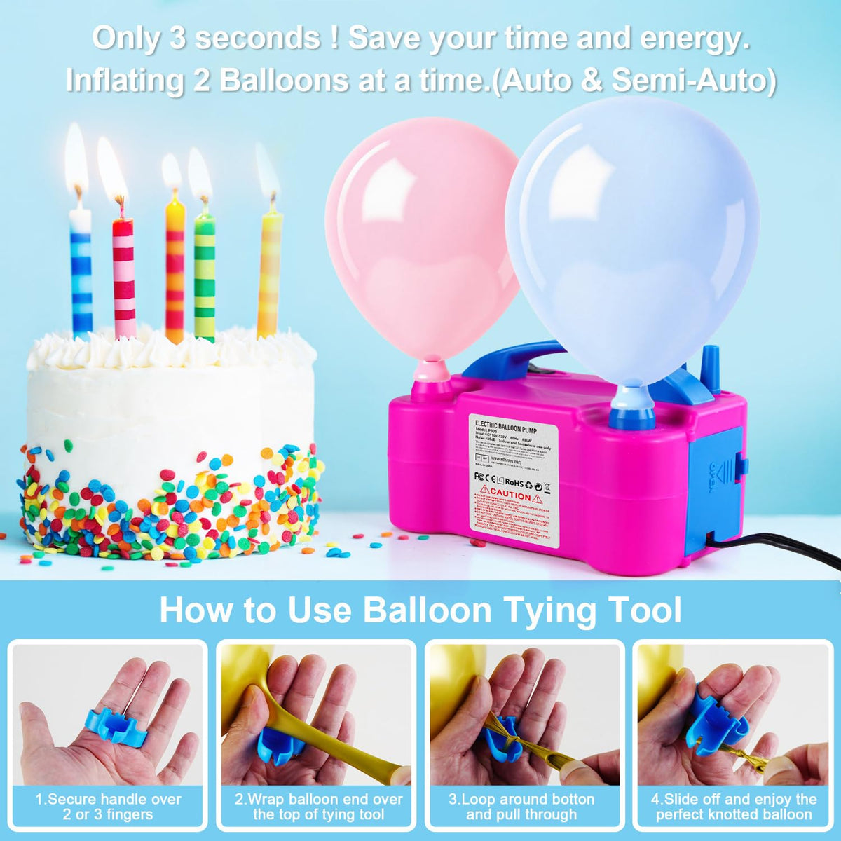 Motorenbau Electric Balloon Pump with Dual Nozzle & 2 Tying Tools