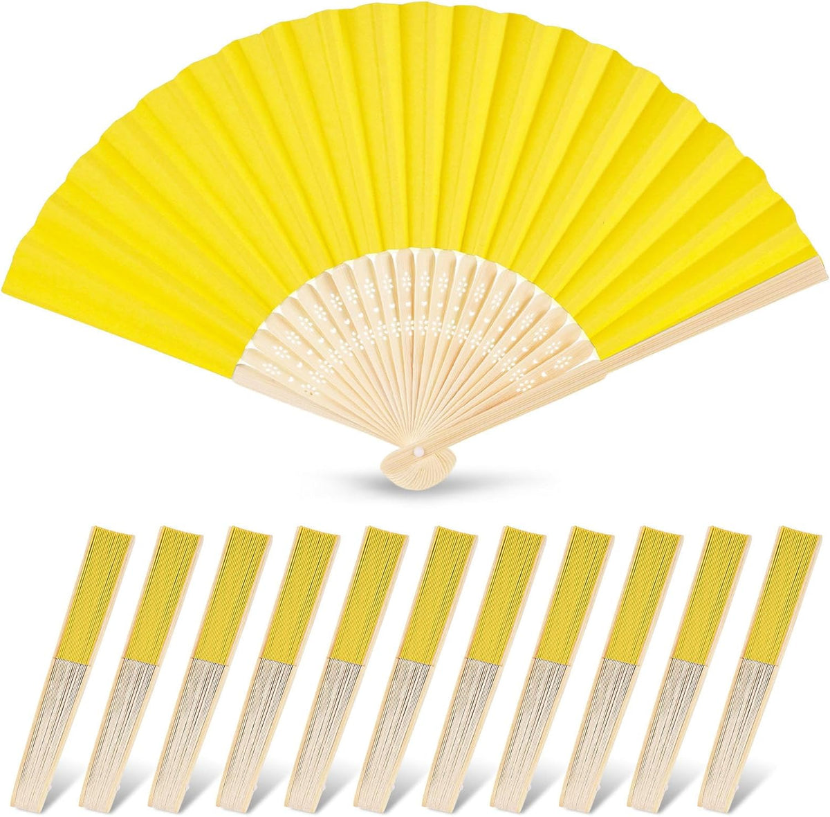 JOHOUSE 12 Pcs Paper Folding Hand Fans, 8.3 Inch Lemon Yellow Paper Fans Handheld Portable