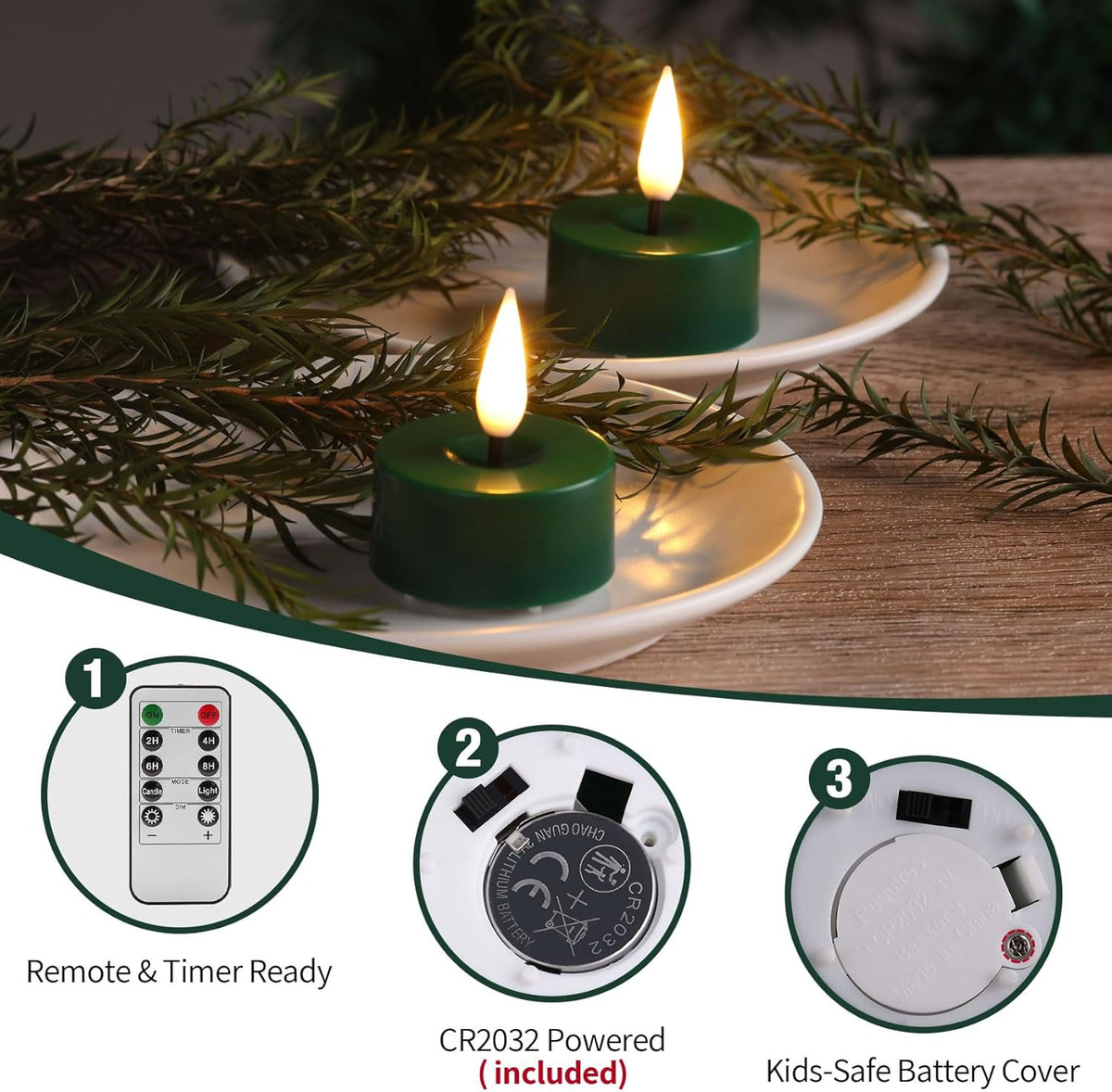 Eywamage Green LED Tealights with Remote Batteries, Flickering Flameless Tea Lights Votive Candles