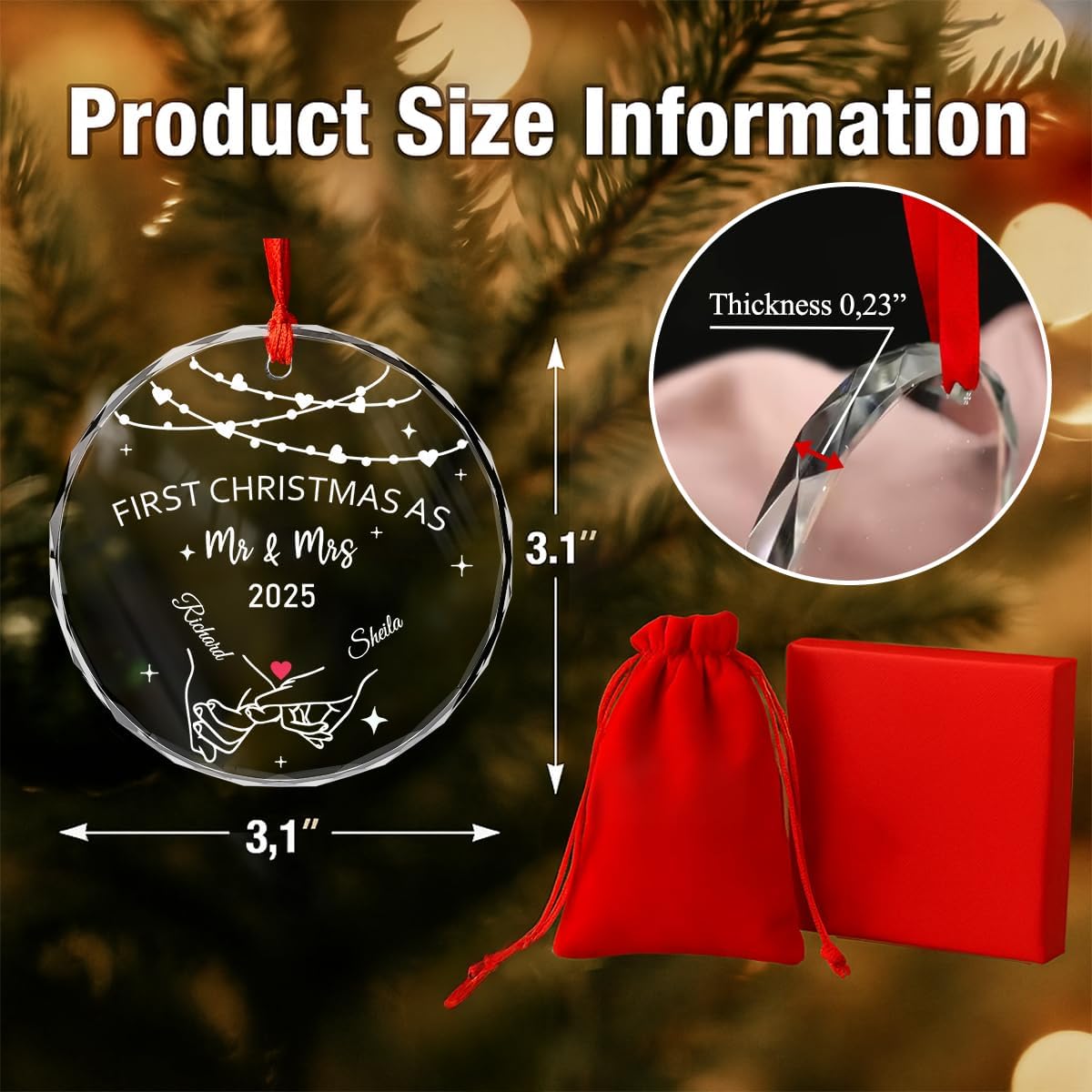 Personalized Christmas Ornaments with Names, Couple Glass Ornament, Custom Wedding Gifts for