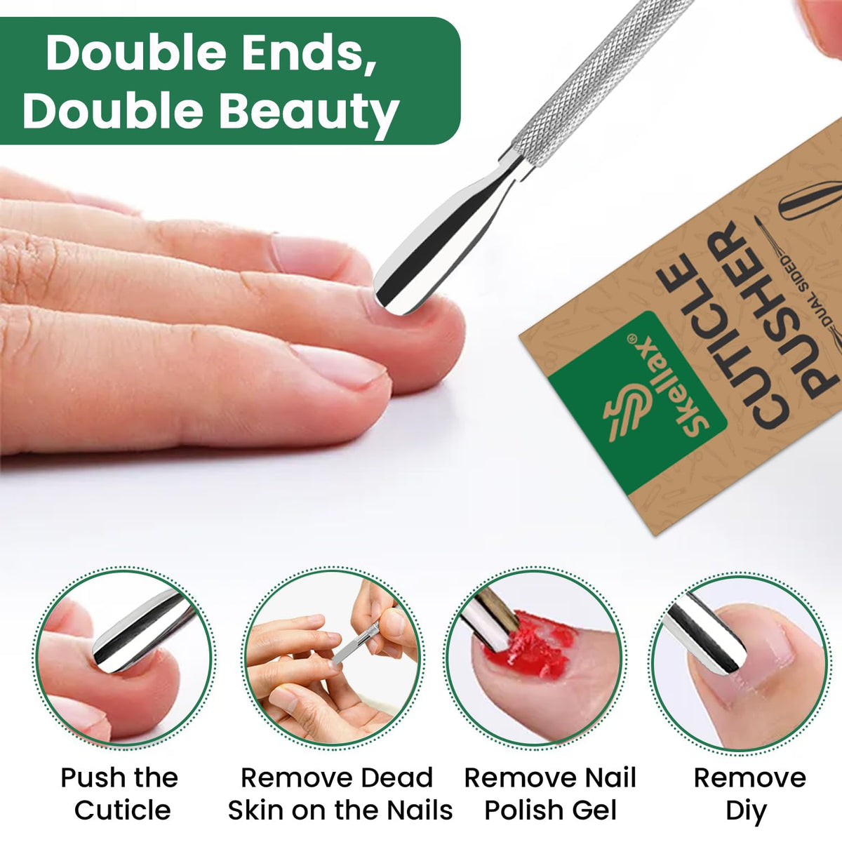 Cuticle Pusher Double Ended Sharp Edge Spoon Shaped Set, Salon Quality Stainless Steel Metal