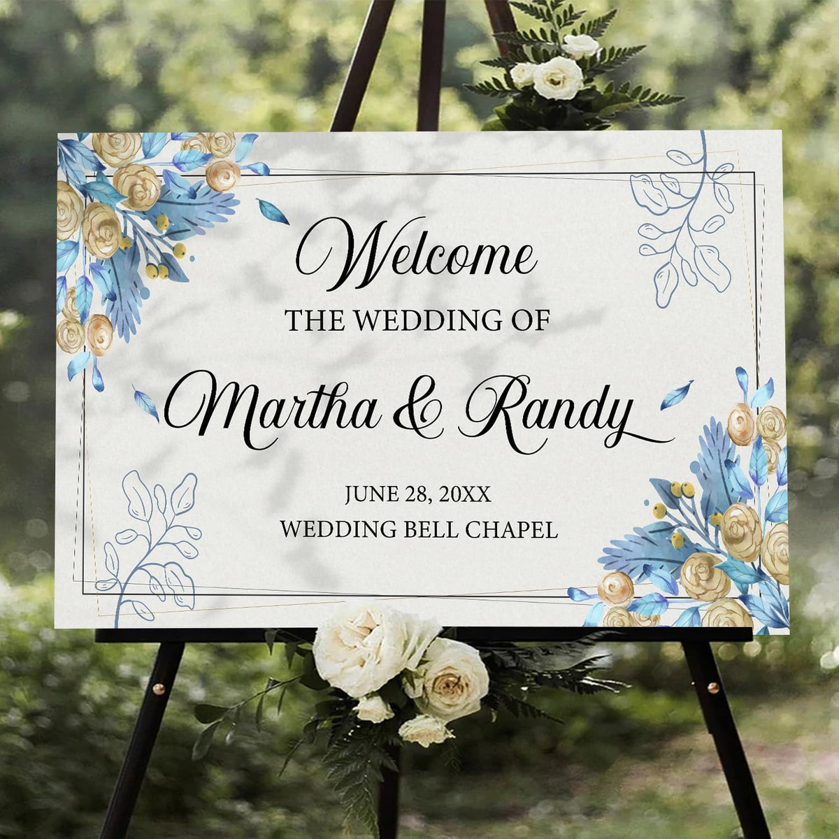 Editable Watercolor Wedding Welcome Sign, Boho Floral Template, Printable Blue Ceremony Decor