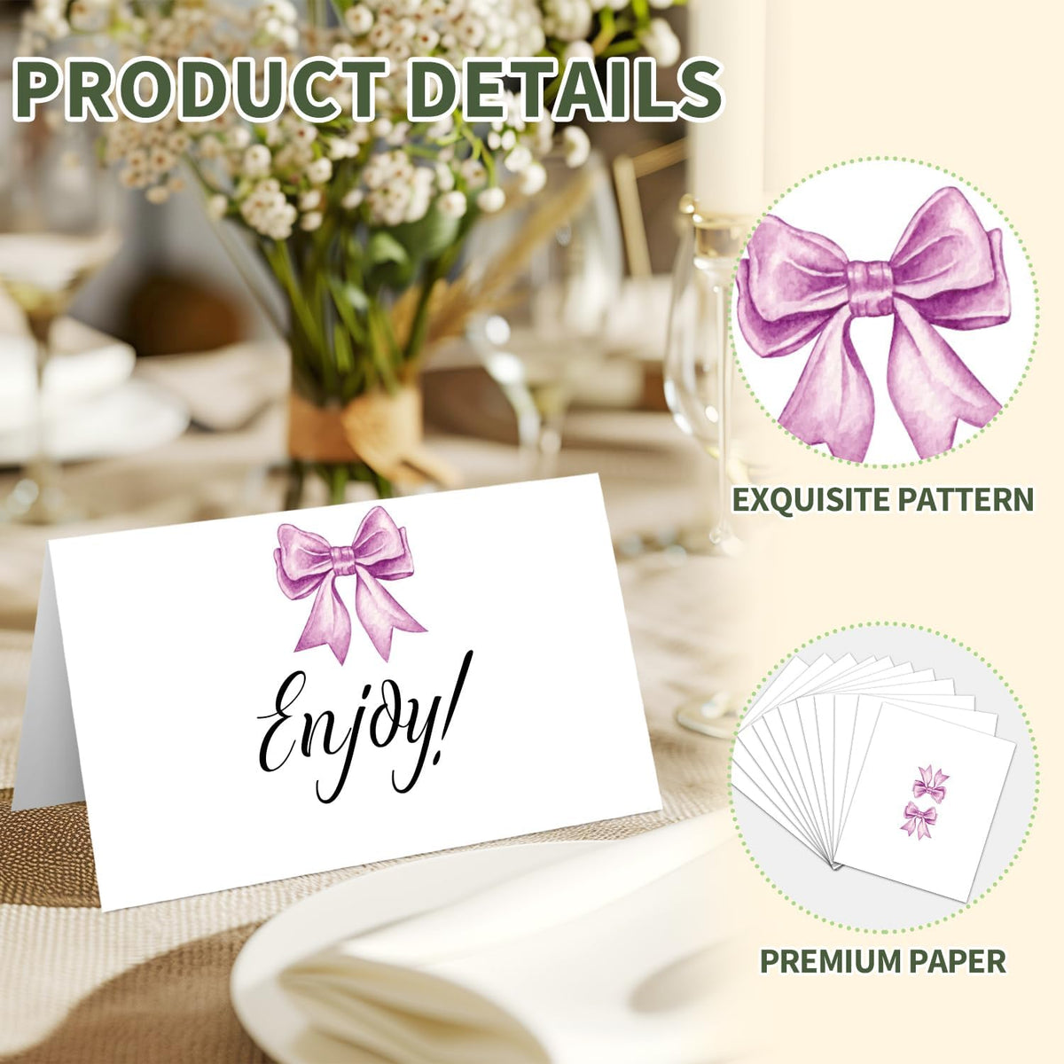 25 Purple Bow Place Cards for Table Seating, Watercolor Wedding Name Place Card, Tent Cards for