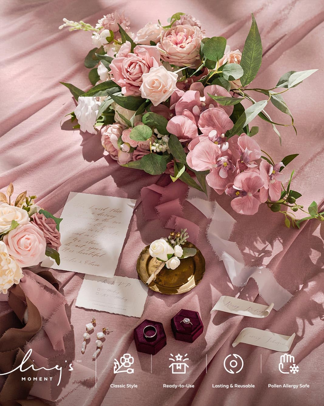 Ling's moment Dusty Rose Bridal Bouquet Cascading, Pink Wedding Bouquets for Bride, 15 Inch Bride