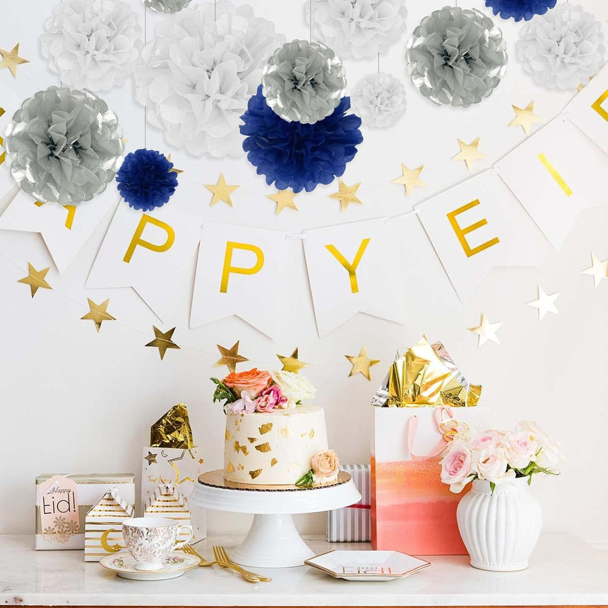 Tissue Paper Pom Poms, Silver Blue White Tissue Paper Flowers, Hanging Flower Balls for Weddings