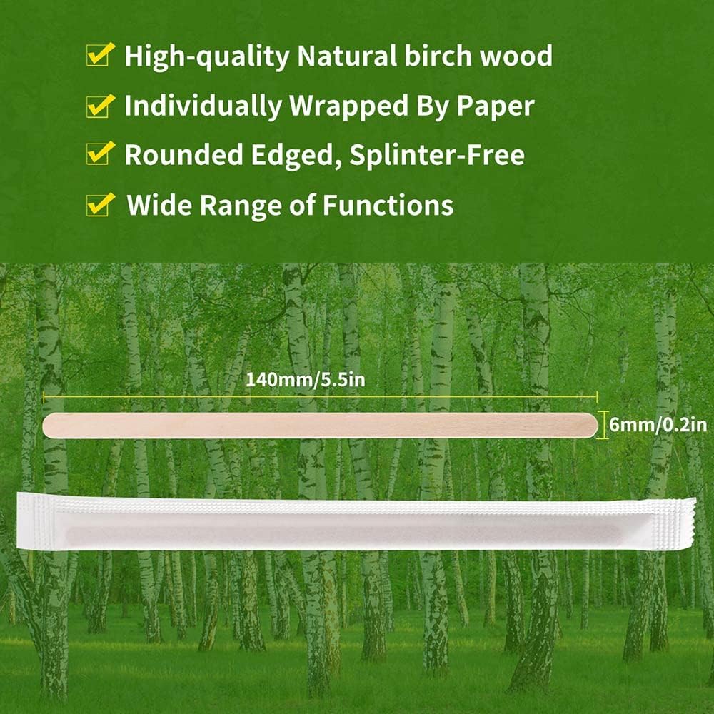 200pcs Individually Wrapped Coffee Stirrers Wood - 5.5" Coffee Stir Sticks, Round End Disposable