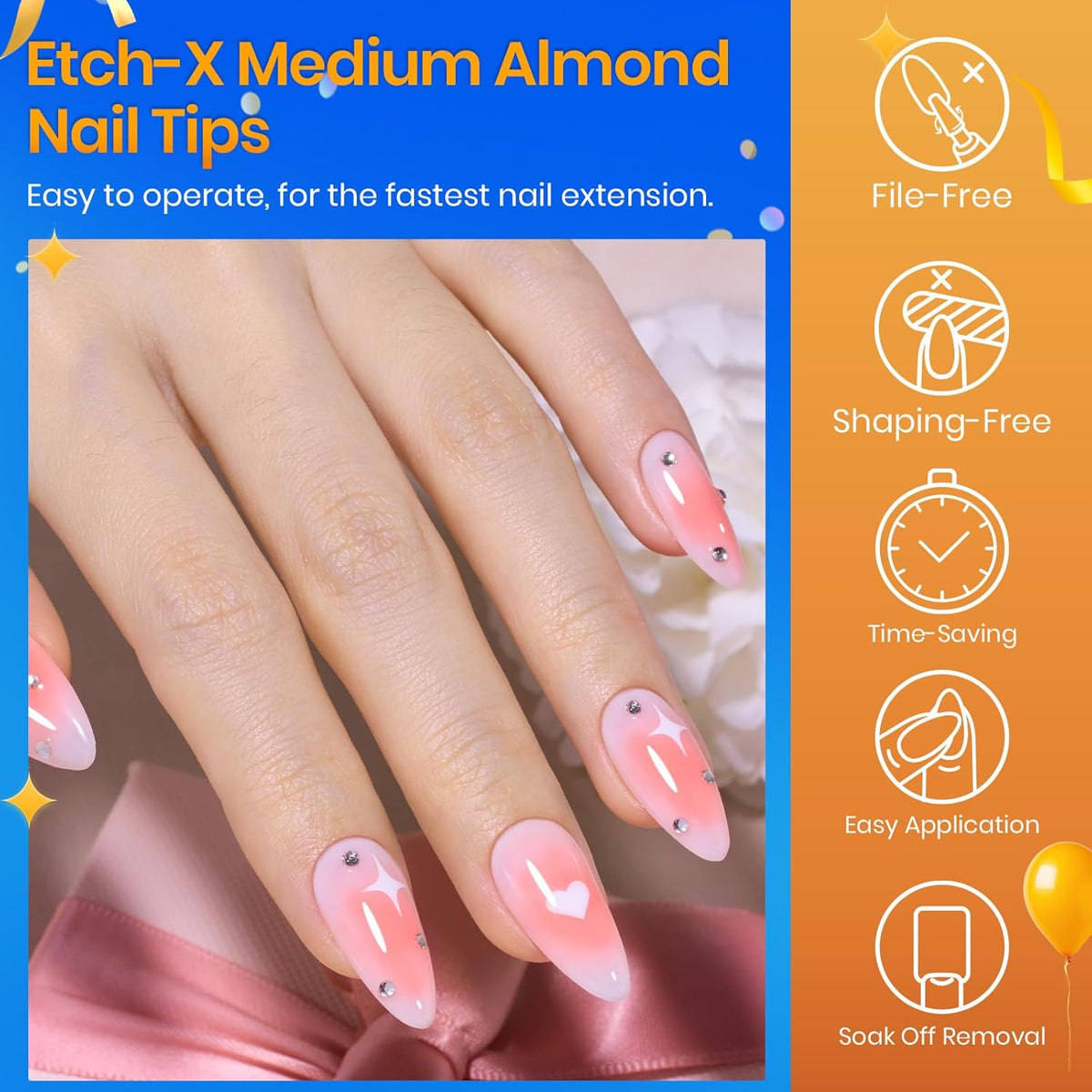 Beetles Medium Almond Nail Tips 576pcs 12 Sizes, Pre-Etched Soft Gel Nail Tips Half Matte Full