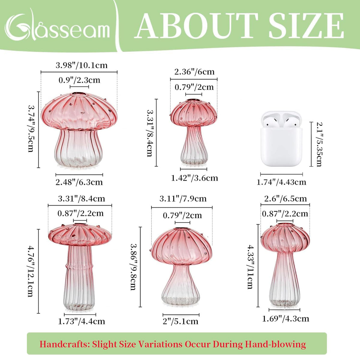Glasseam Mushroom Plant Propagation Stations: Pink Glass Terrarium Jar Set of 5 Cute Planters for