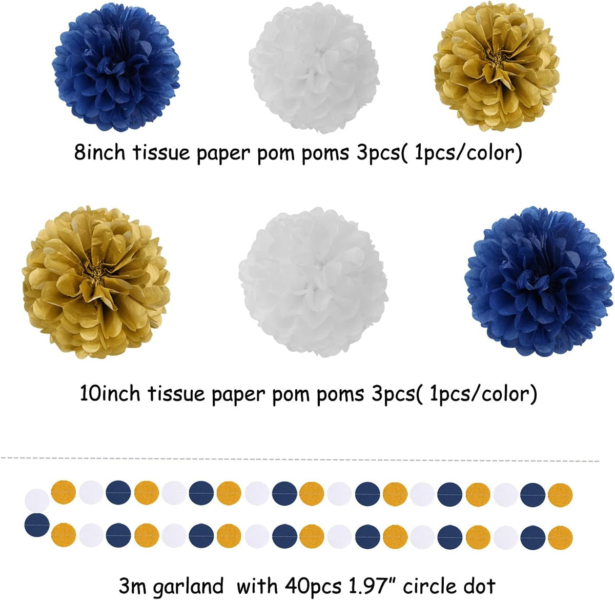 Navy Blue White Gold Party Decoration 23pcs Kits-Paper Flowers,Banner Flags,Circle Banner,Tassel