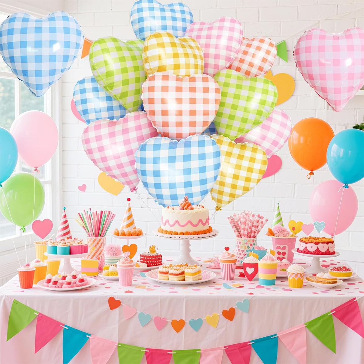 Colorful Checkered Heart Balloons,12Pcs 18Inch Rainbow Grid Heart Shaped Foil Helium Polyester Film