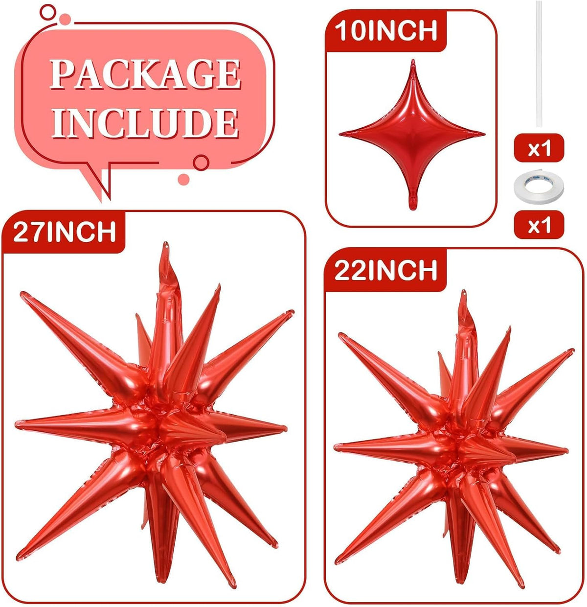 Red Star Balloons 12pcs, 27/22 Inch Foil Star Explosion Balloons, Large Spike Mylar Cone Balloon