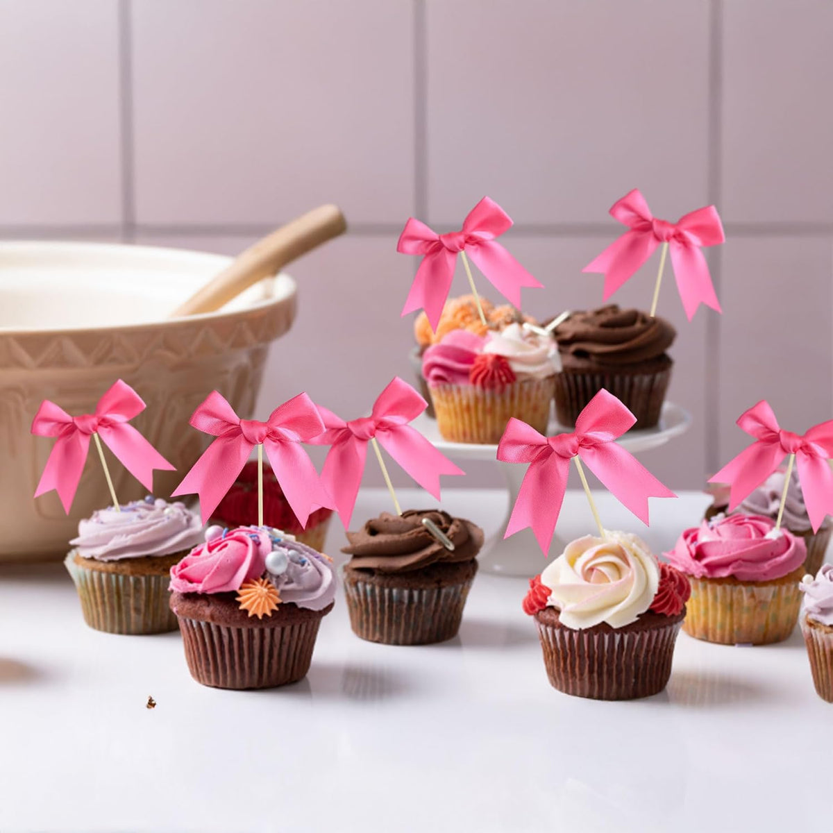 Gyufise 24Pcs Bow Cupcake Toppers Coquette Bow Girls Birthday Cake Decorations Bowknot Cake Toppers