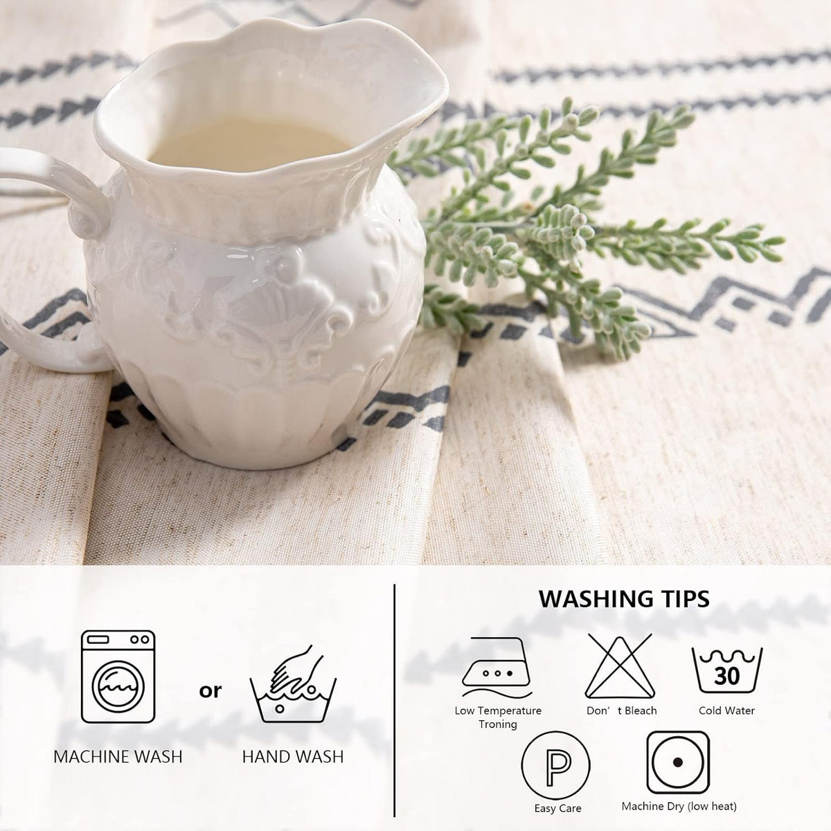 MYSKY HOME Boho Rectangle Tablecloth 60x84 Inches Linen Fabric Oblong Table Cover Farmhouse