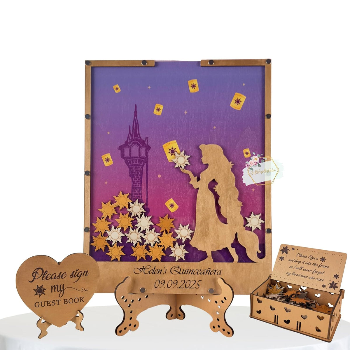 Princess Guest Book Alternative | Quinceañera Sweet XV Wooden Dropbox Frame with Lantern Tokens |