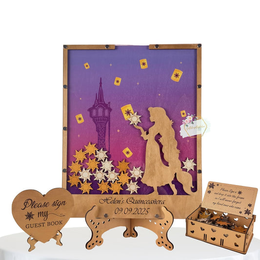 Princess Guest Book Alternative | Quinceañera Sweet XV Wooden Dropbox Frame with Lantern Tokens |