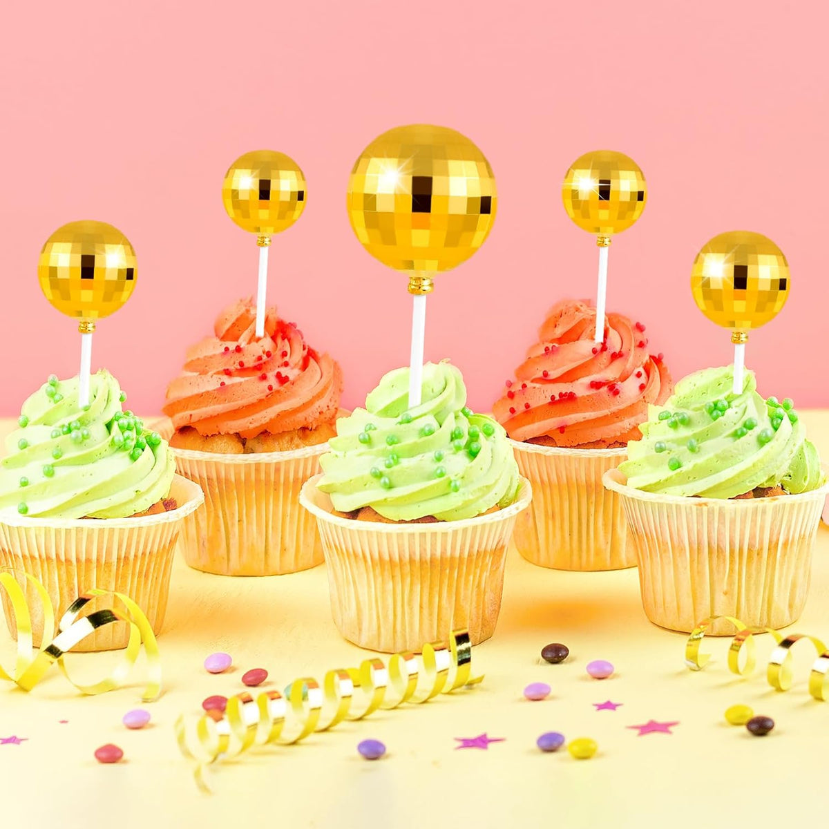 ASTARON 20 Pcs Disco Ball Cake Topper Decorations Sticks Gold Cake Balls Picks Toppers for Birthday