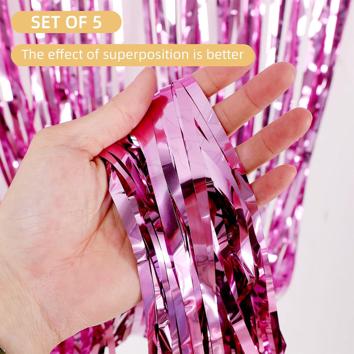 5 Pack Pink Fringe Foil Curtain 3.2ft x 8.2ft Tinsel Backdrop Streamers for Birthday Party