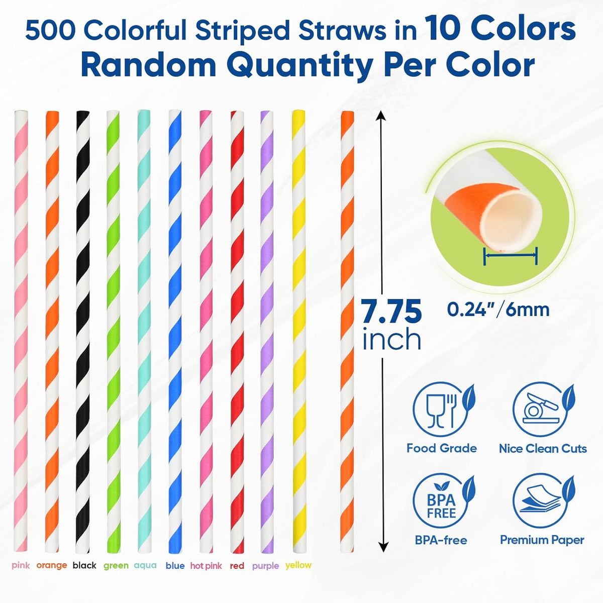 7.75" Colorful Striped Paper Drinking Straws, 500 Counts in Bulk, 10 Assorted Colors, Disposable &