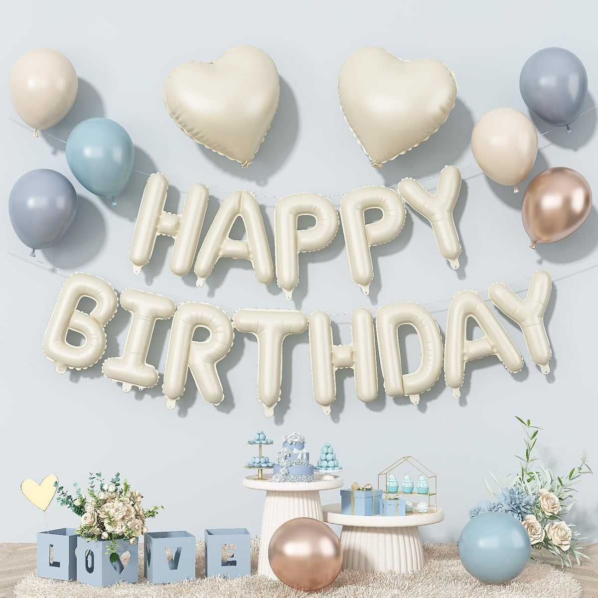 Happy Birthday Balloon Banner Cream Blue, 16 Inch Beige Mylar Letters Heart Foil Dusty Slate Blue