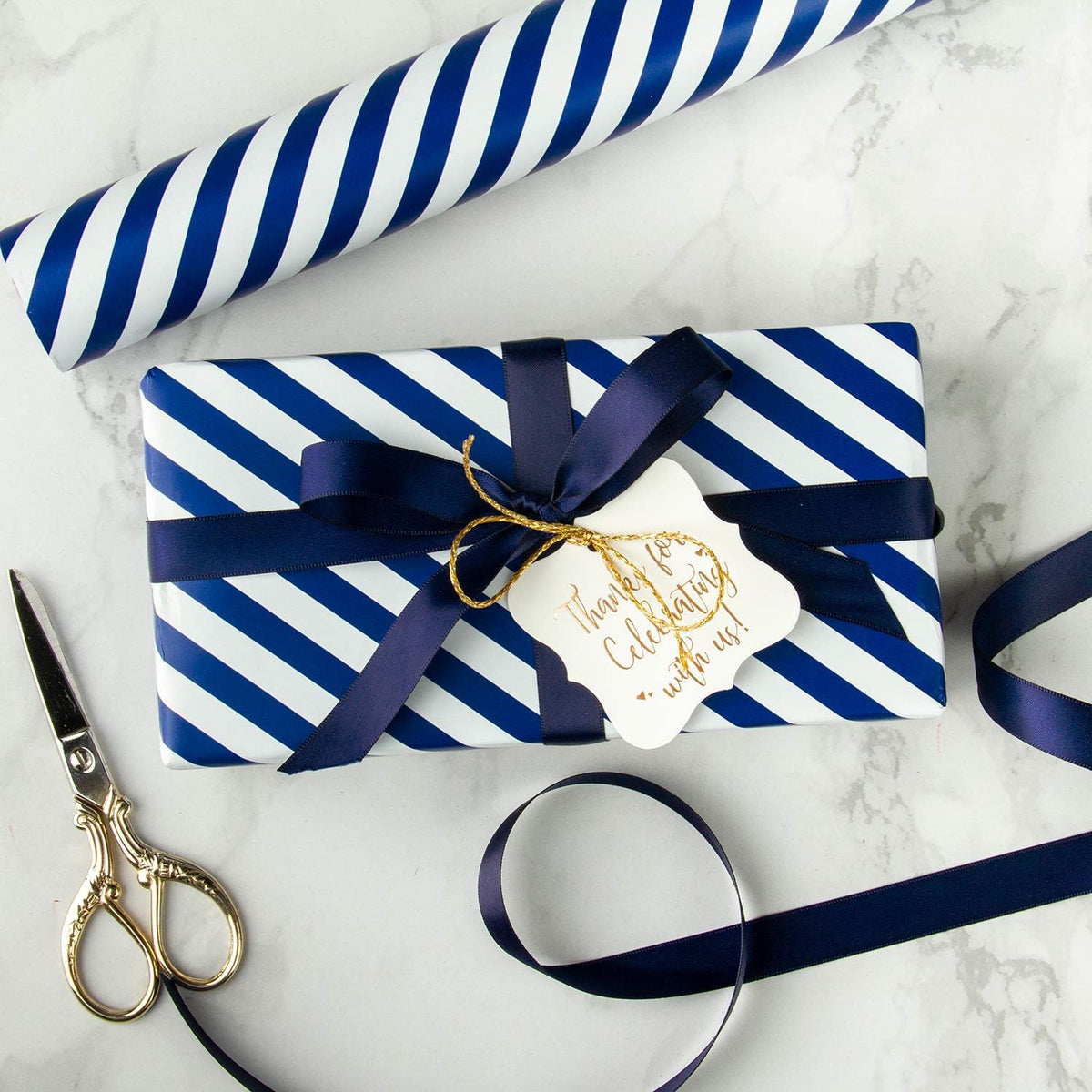 WRAPAHOLIC Reversible Wrapping Paper - Mini Roll - 17 Inch x 33 Feet - Navy and Stripes Design for