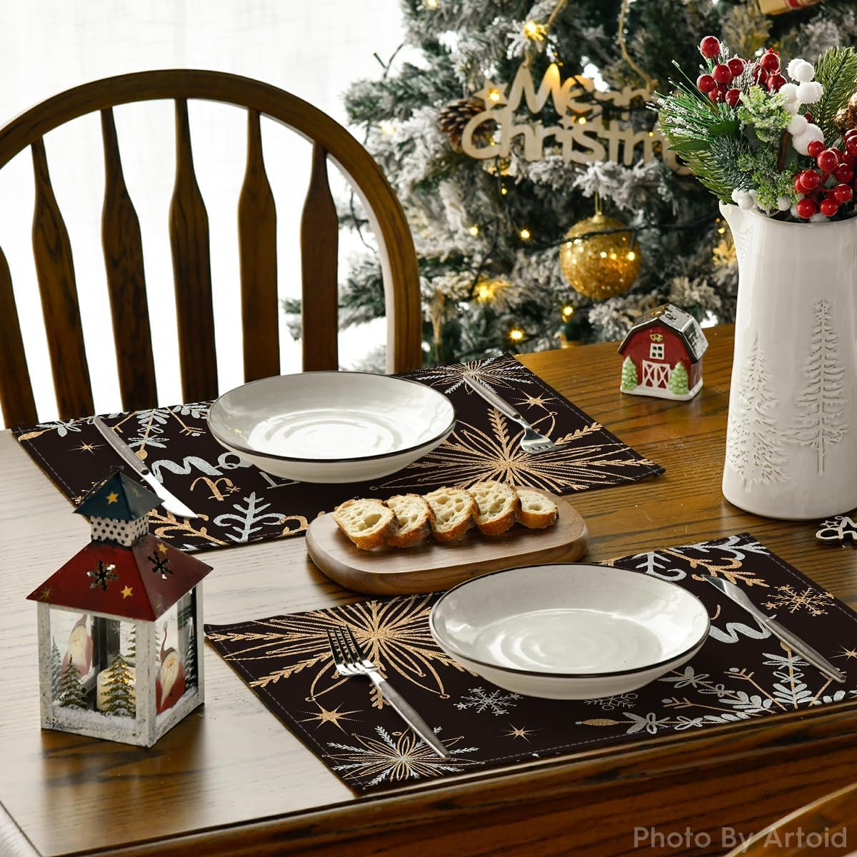 Artoid Mode Black Snowflake Let It Snow Winter Placemats Set of 4, 12x18 Inch Seasonal Christmas