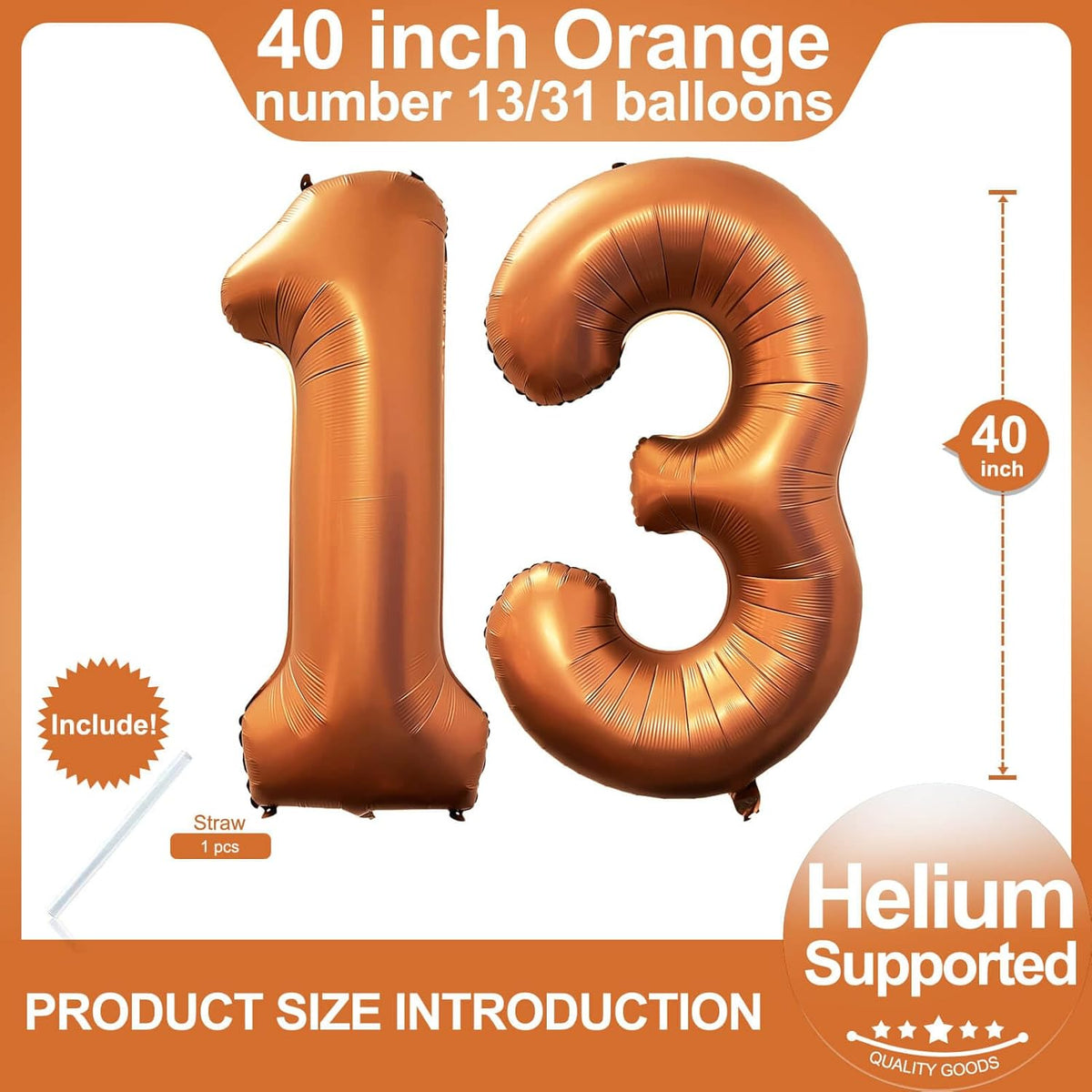Number 13 Orange Balloons 40 Inch Giant Foil Helium for 13th Birthday Party Supplies 31st