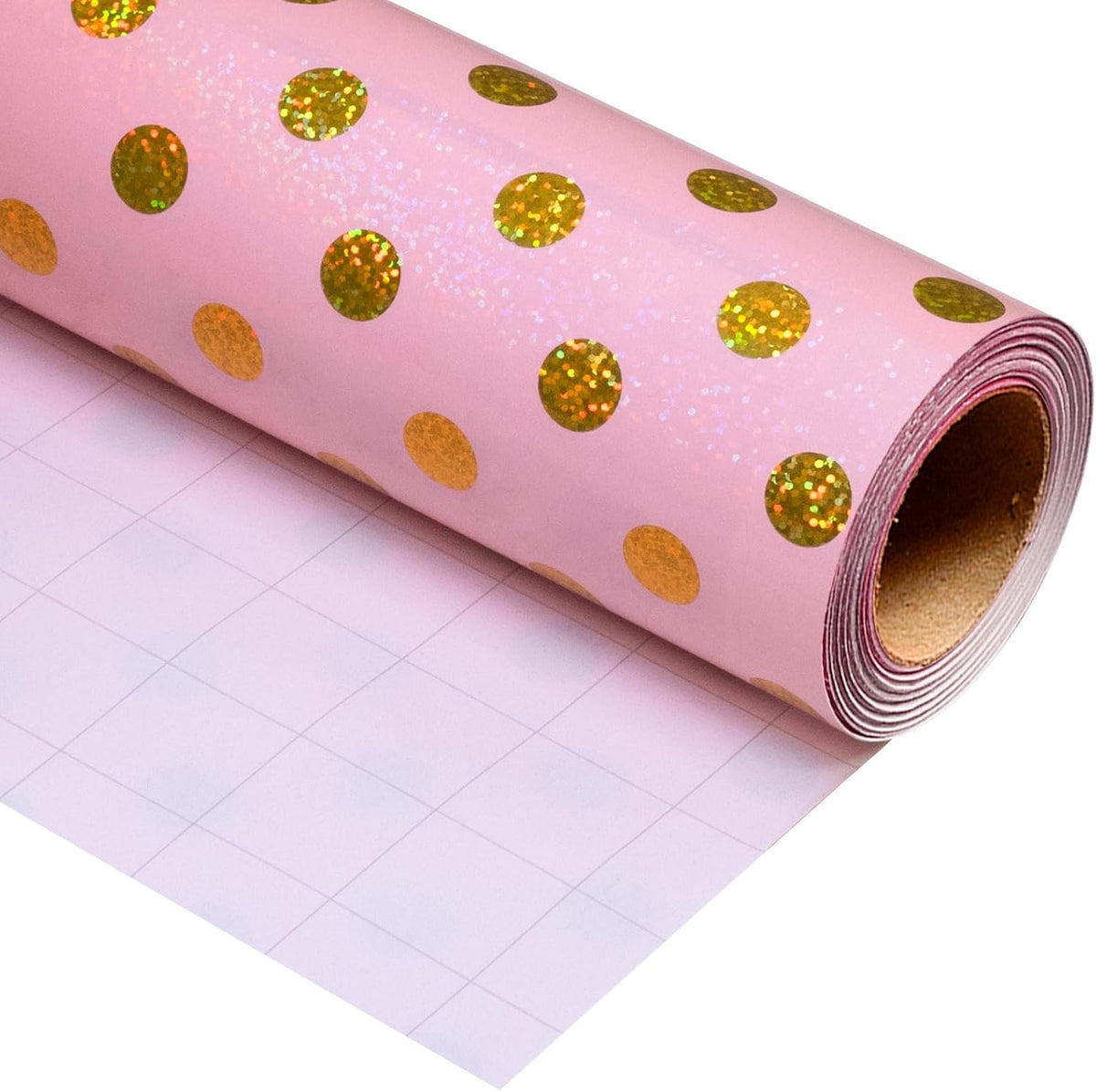 Burymento Pink Holographic Dots Wrapping Paper, Reversible Gold Gift Wrap for Birthday, Valentines