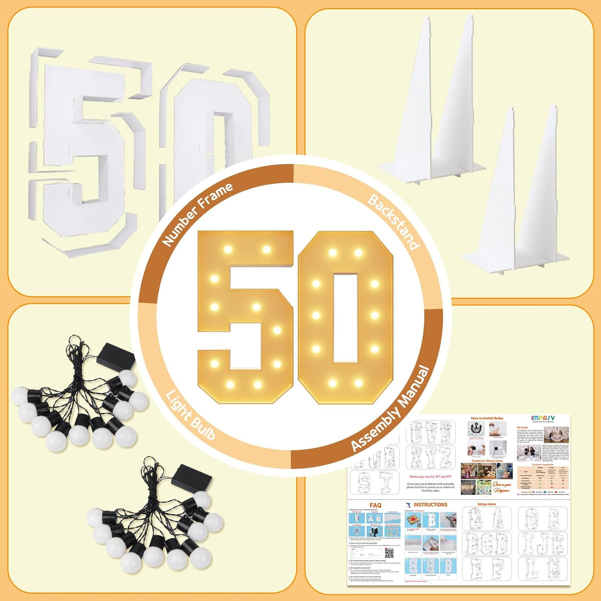 imprsv 4FT Light Up Numbers, Marquee Numbers 50th Birthday Decorations for Women Men, Large Light