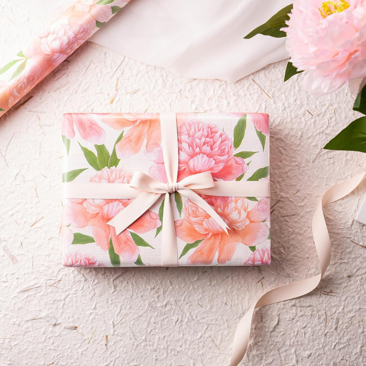 WRAPAHOLIC Floral Wrapping Paper Roll - Mini Roll - 17 Inch x 9.8 Feet - Peach Flower Wrapping