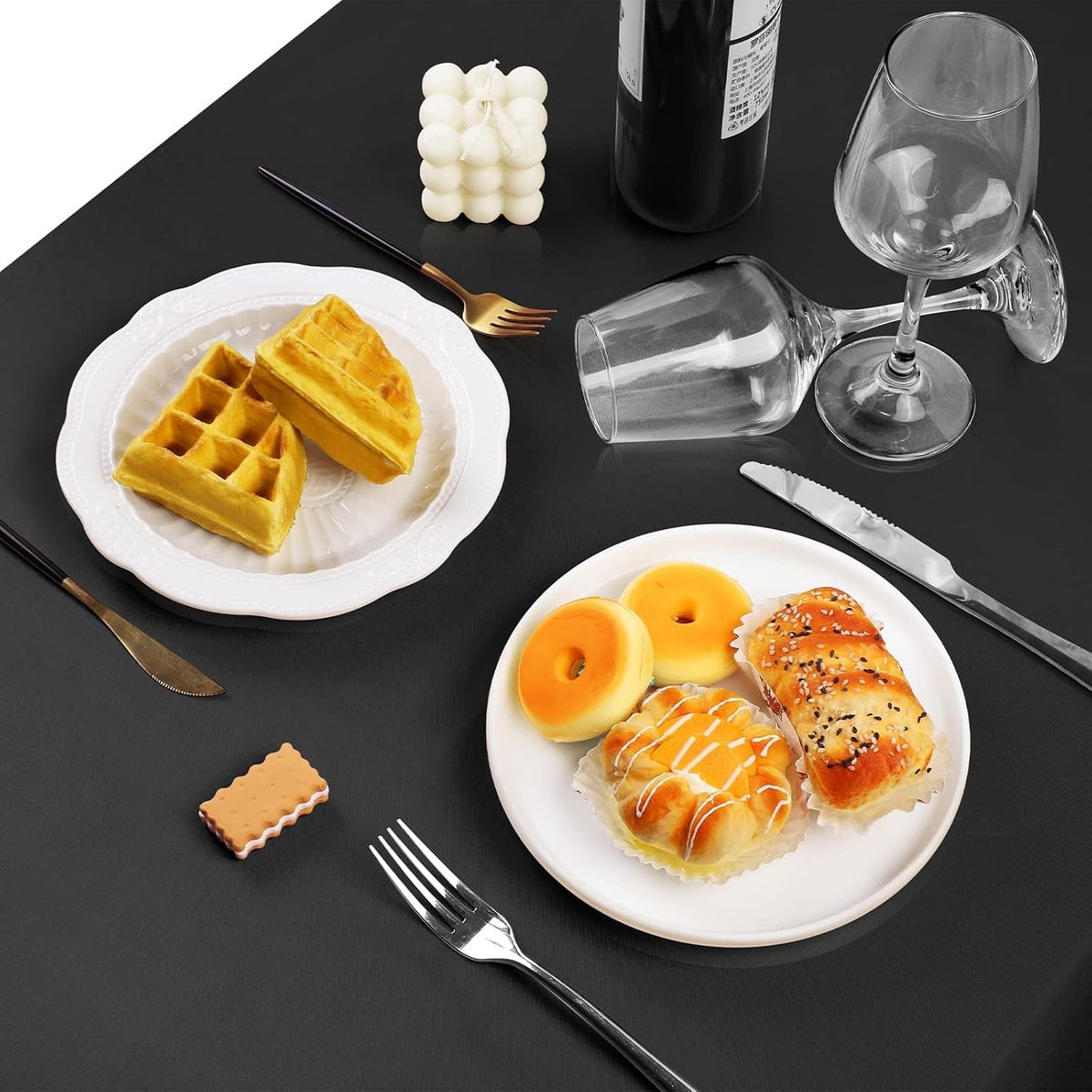 TURSTIN 4 Packs Black Satin Tablecloth 102 x 58 Inch Overlay Satin Table Cover Rectangle Bright