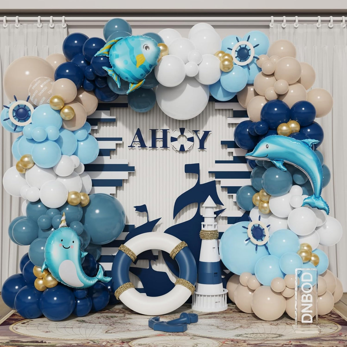 Nautical Balloon Arch Kit,154Pcs Navy Blue Sand White Gold Balloon Garland with Tropical