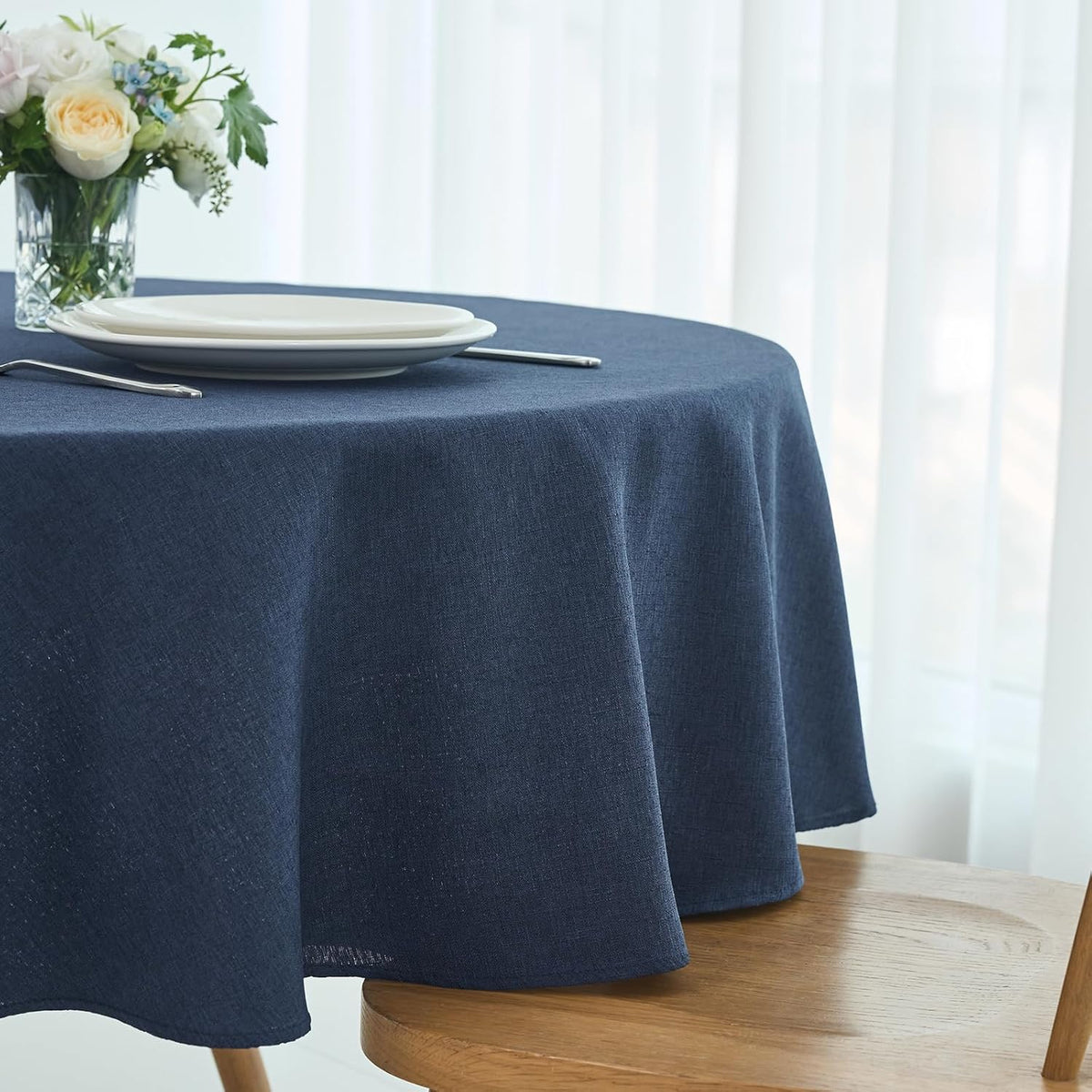 maxmill Round Linen Textured Tablecloth Spill-Proof Stainproof Wrinkle Free Washable Fabric Table