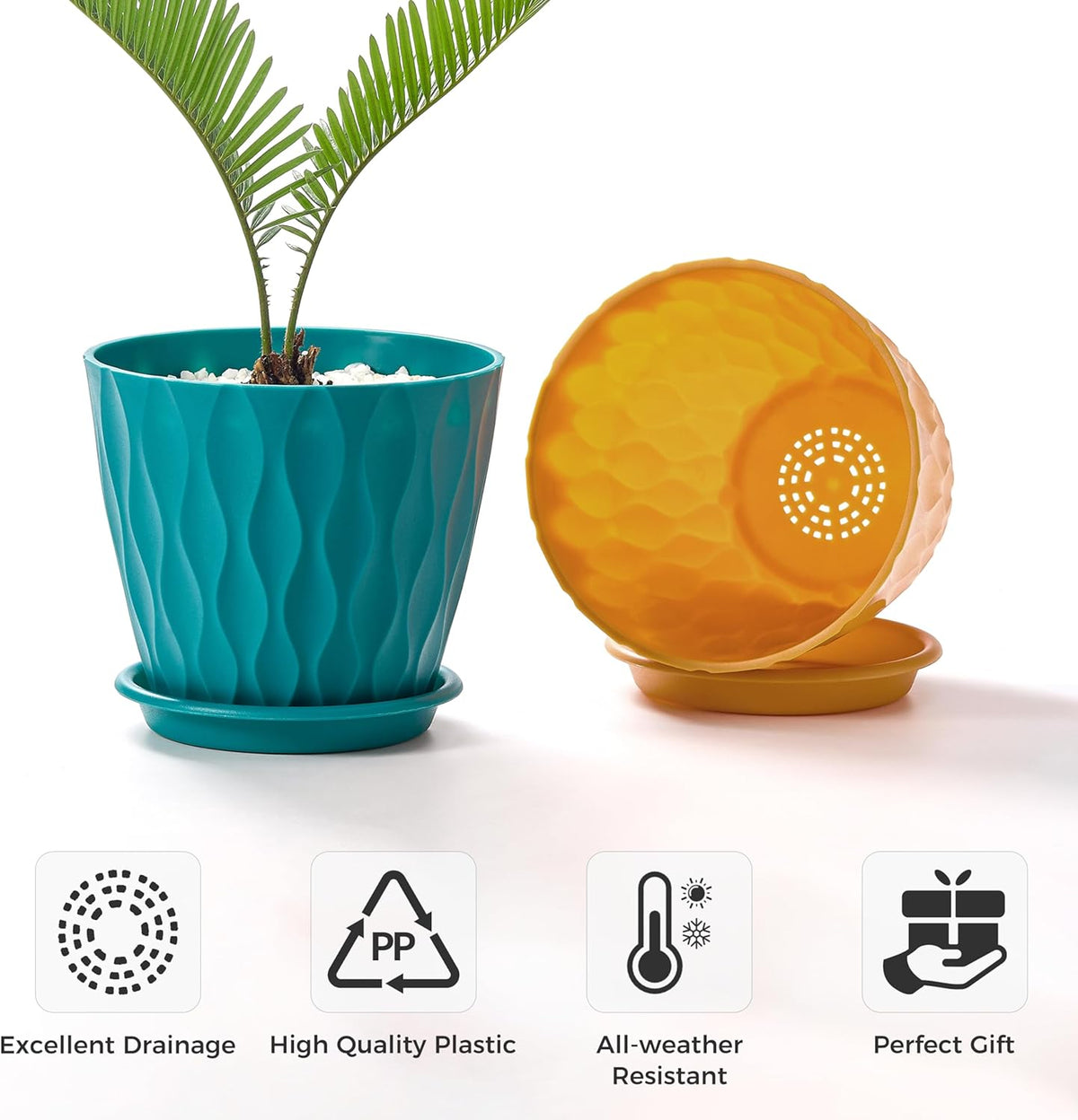 FaithLand 6-Pack 6-Inch Plastic Plant Pots with Saucers | Thickened PP Material, Modern Wave
